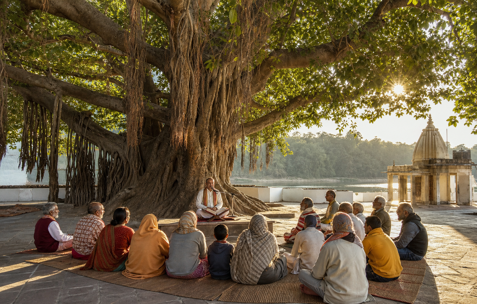 Pilgrims sit beneath a large banyan tree at Shukratal and listen to a scripture recitation in the morning light.