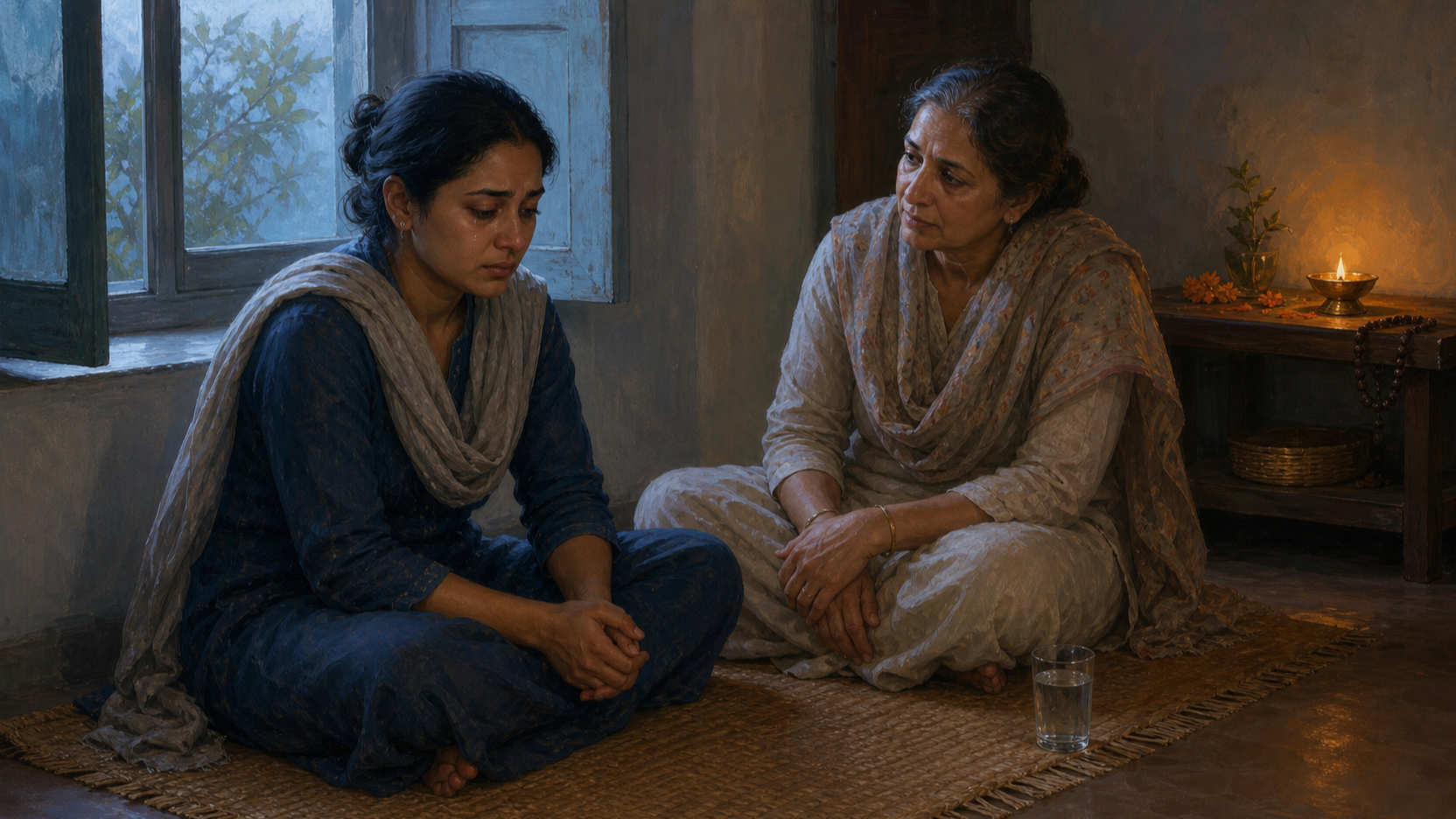 A grieving adult sits on a woven mat near an open window while an older relative remains beside them with a glass of water and a small prayer lamp nearby.