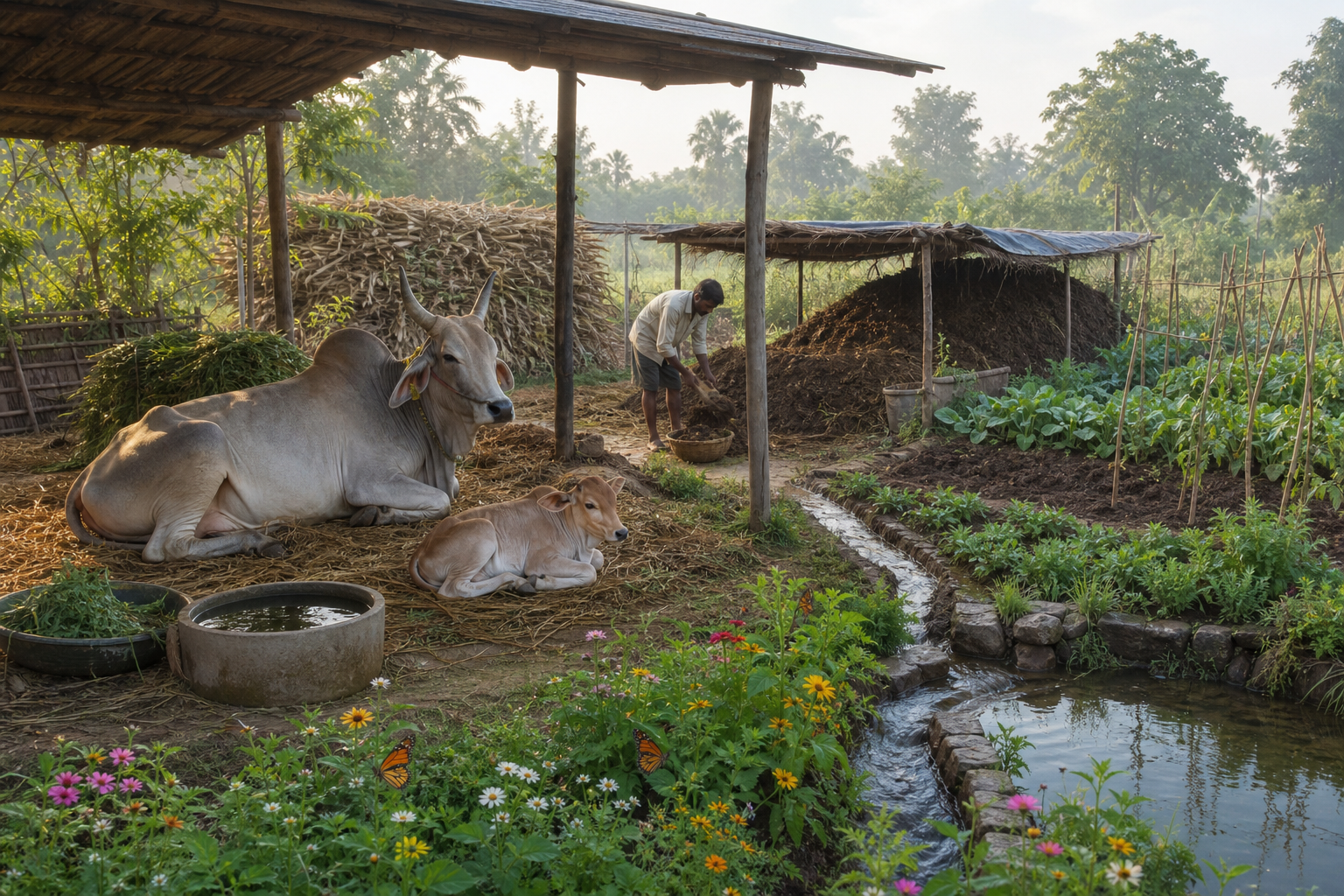 A cow and calf rest in a clean open shelter beside compost, fodder, crops, flowering borders, and a rain-fed farm pond.