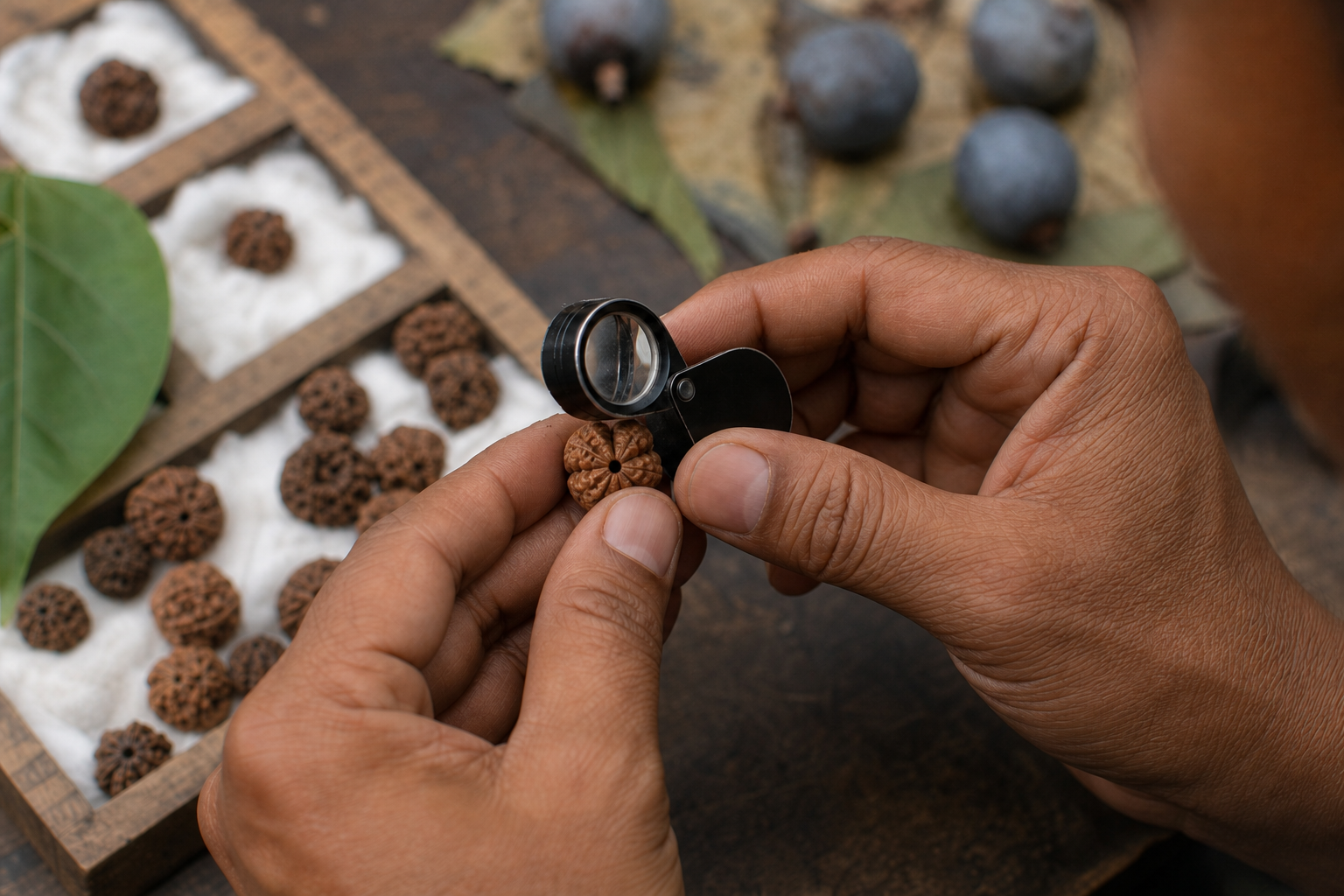 Craftsperson inspecting the natural grooves of an unpolished Rudraksha bead with a loupe at a sorting table.