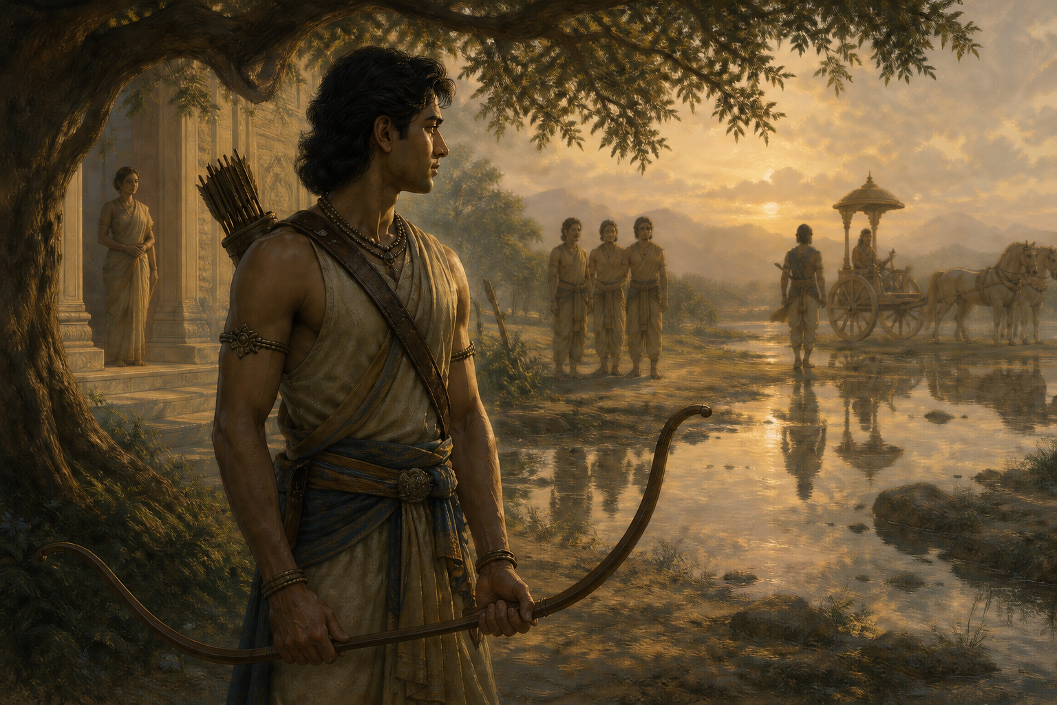 A young archer stands beneath a tree while background silhouettes of a mother, brothers, and a waiting chariot suggest the relationships shaping his identity.
