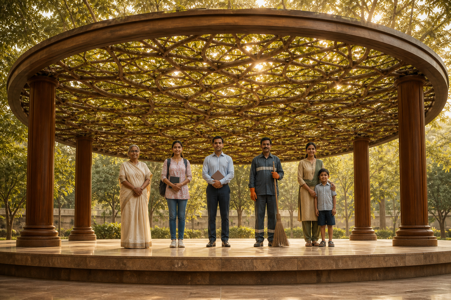 A diverse group of people stands equally sheltered beneath a branch-like canopy supported by a level stone civic pavilion.