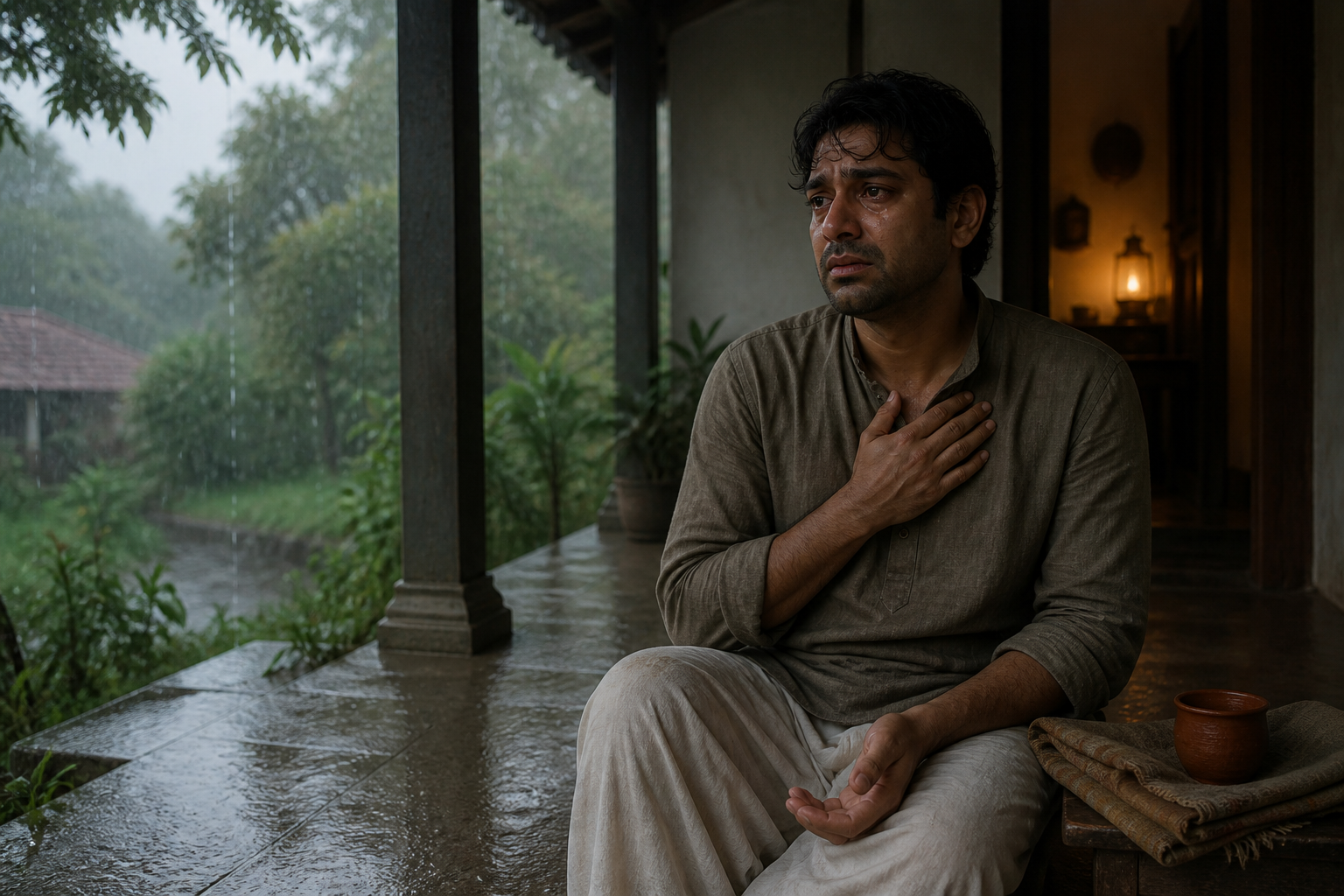 A tearful person sits on a sheltered veranda during rain with one hand on their chest and a folded shawl and clay cup nearby.