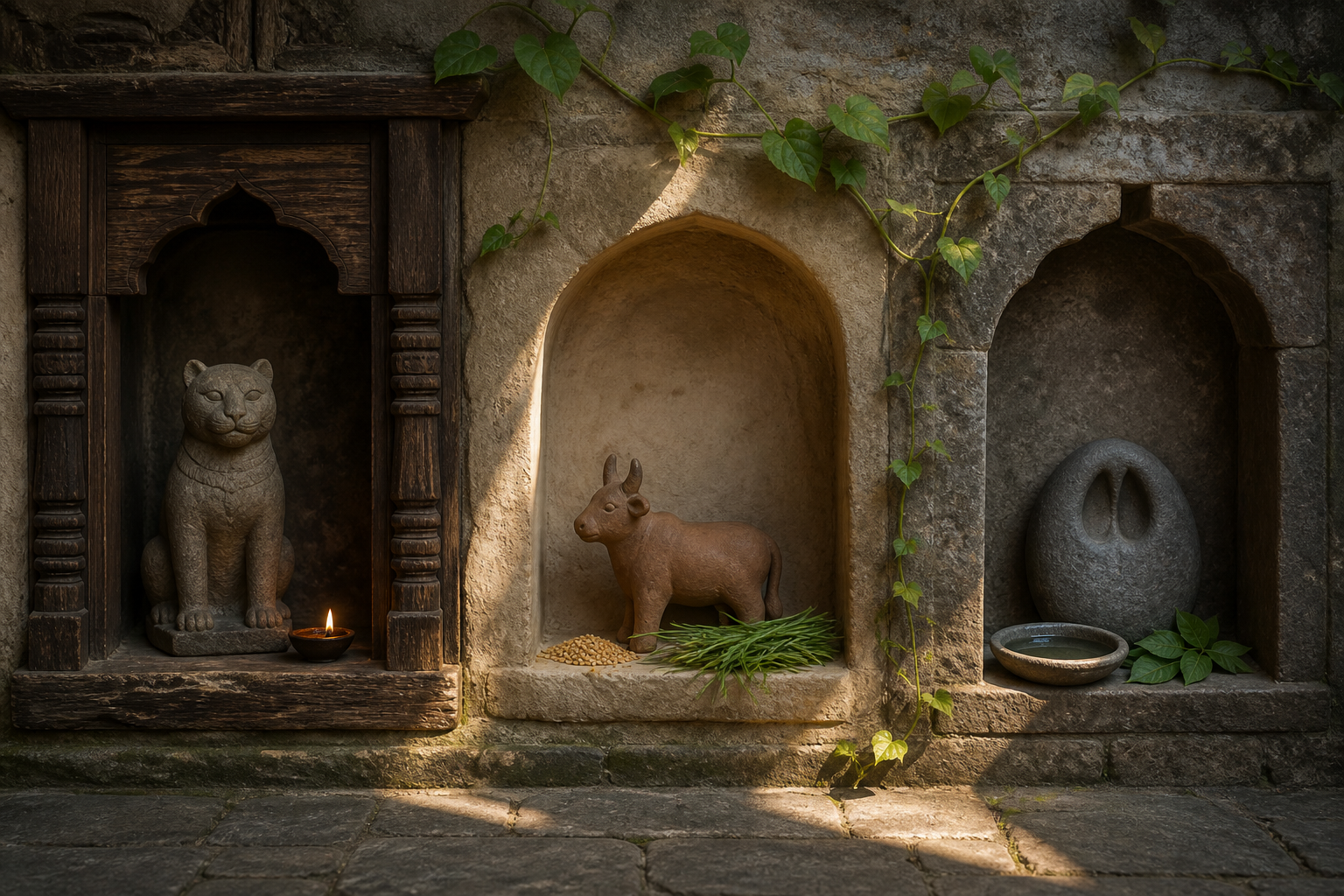 Three distinct courtyard niches hold a feline carving, a clay cow, and an animal footprint, connected by a living vine and sunlight.