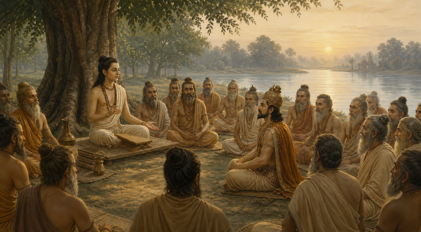 A sage recites scripture to King Parikshit and an assembly of listeners beside a river beneath trees.