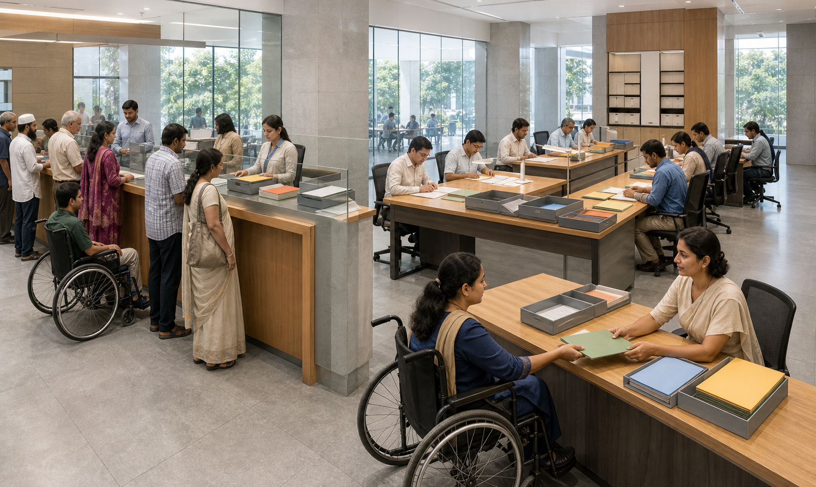 Citizens and officials move through transparent service, evidence review, parallel decision, and appeal areas in an Indian administrative office.