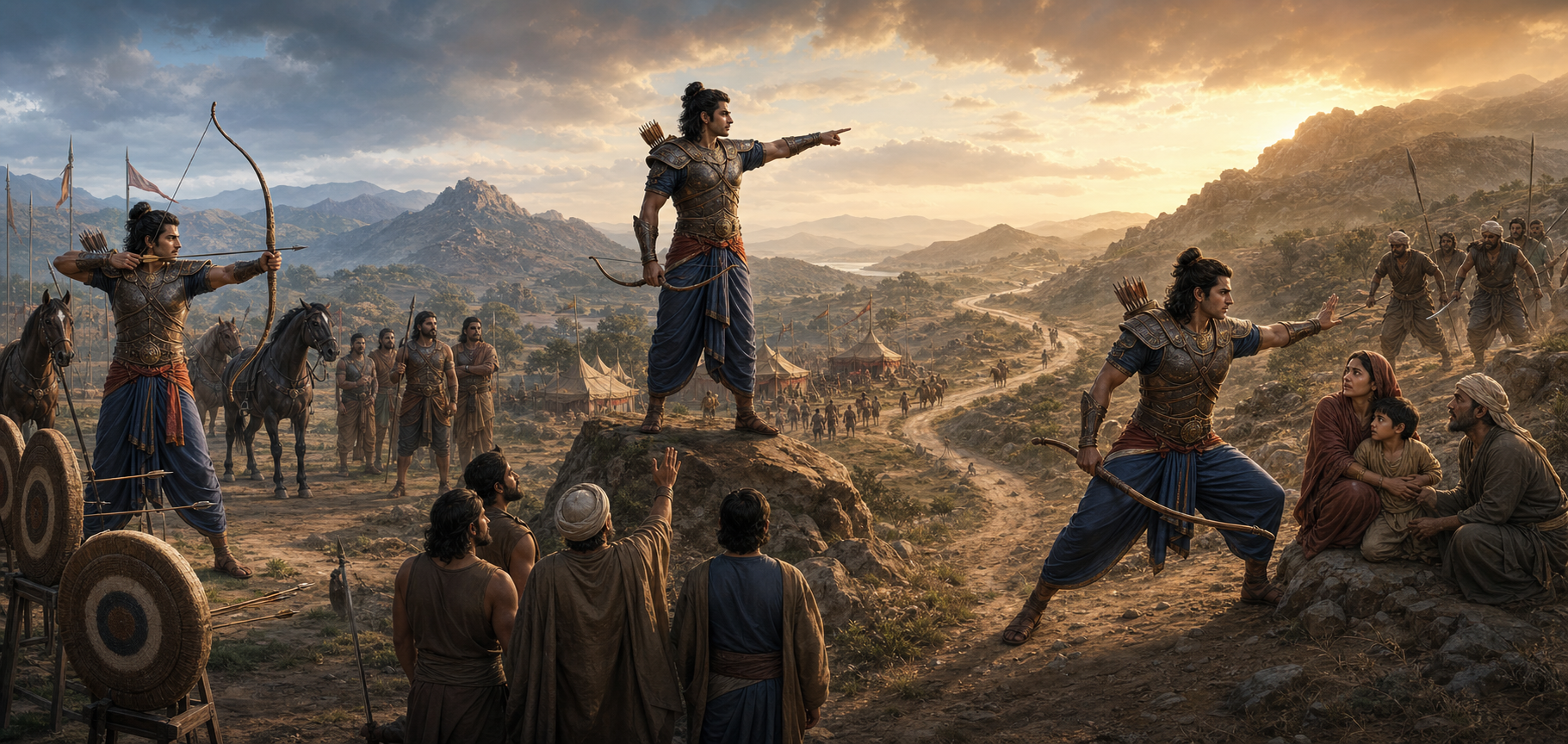 A continuous three-part scene shows an archer demonstrating skill, influencing a gathered community, and lowering his weapon to protect vulnerable travelers.