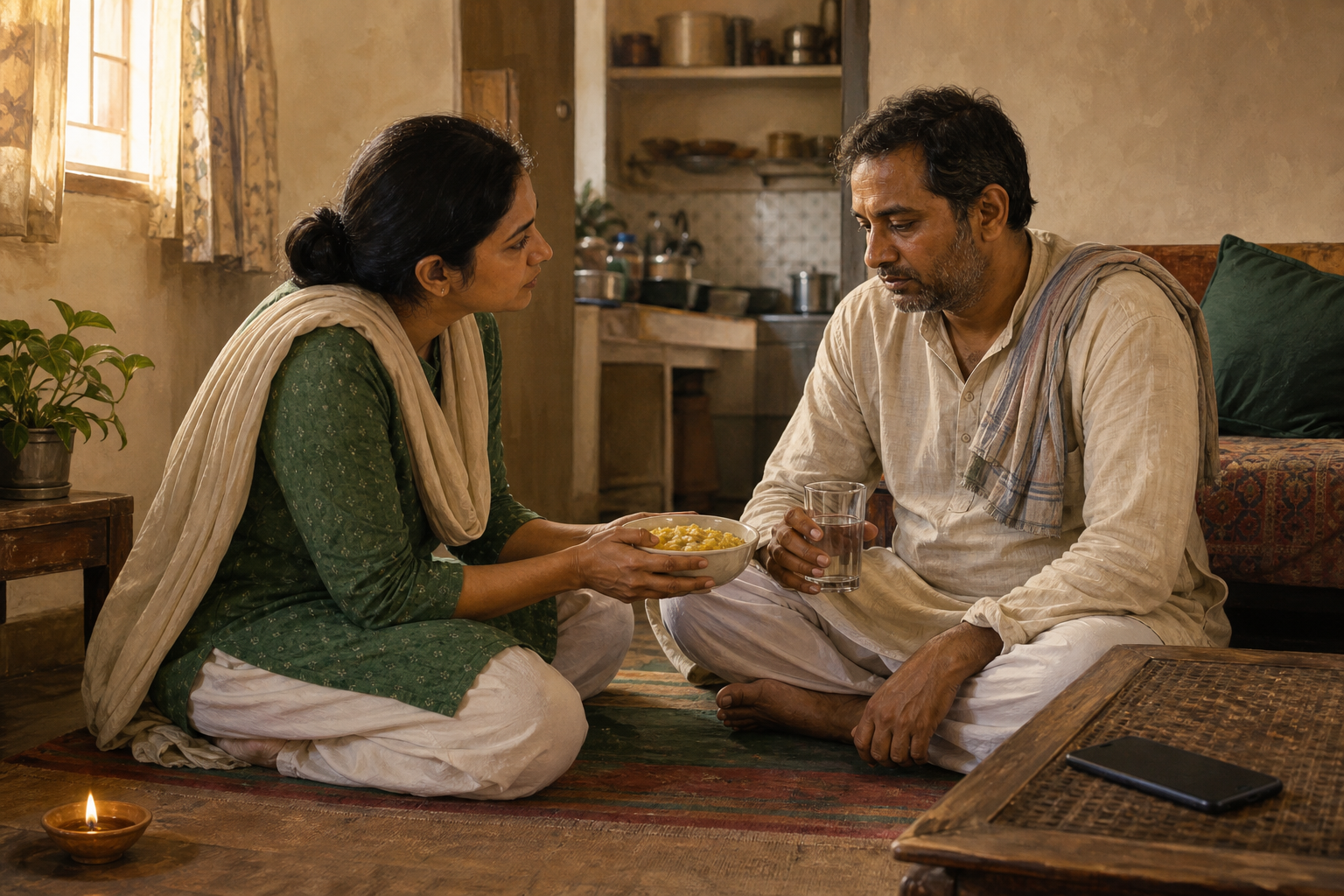 A visitor kneels beside a grieving adult in a home, offering a bowl of food and water while listening closely.