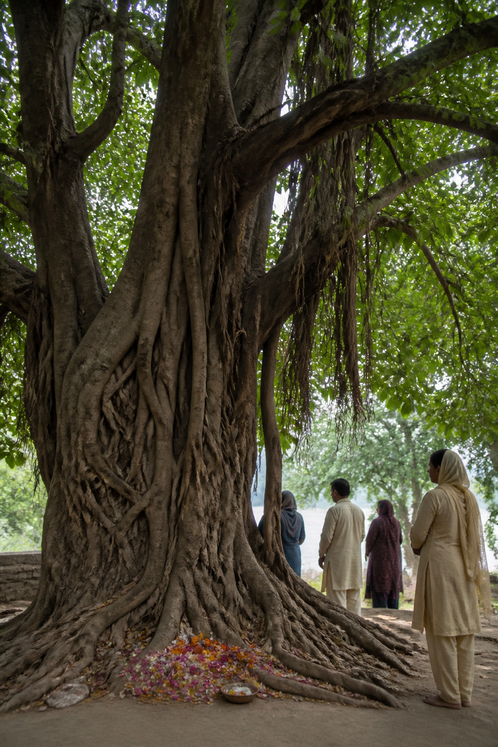 The thick trunk, aerial roots, and green canopy of a banyan tree at Shukratal, with pilgrims nearby.