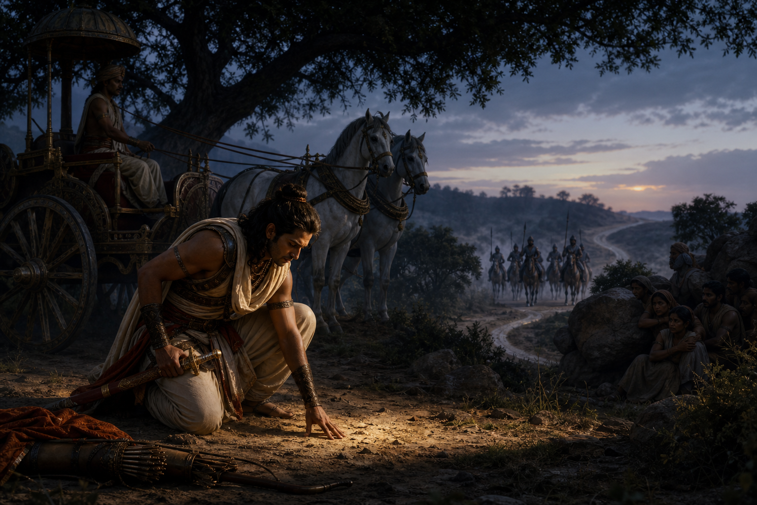 A kneeling warrior considers his weapons and the people at risk while armed riders approach a road below his waiting chariot.