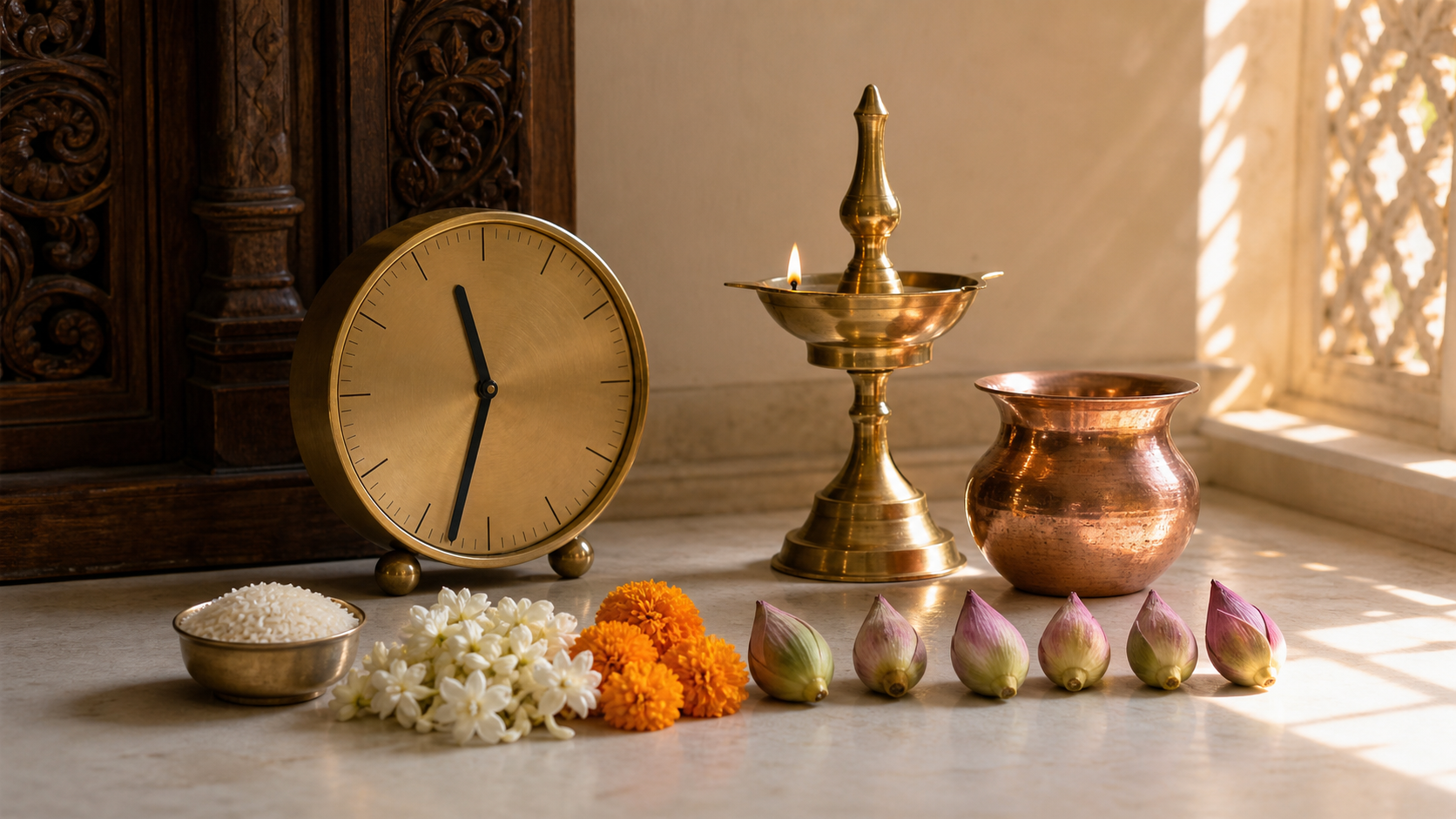 A brass oil lamp, ritual vessels, flowers, and an unnumbered clock set to about 11:34 in a sunlit Hindu prayer space.