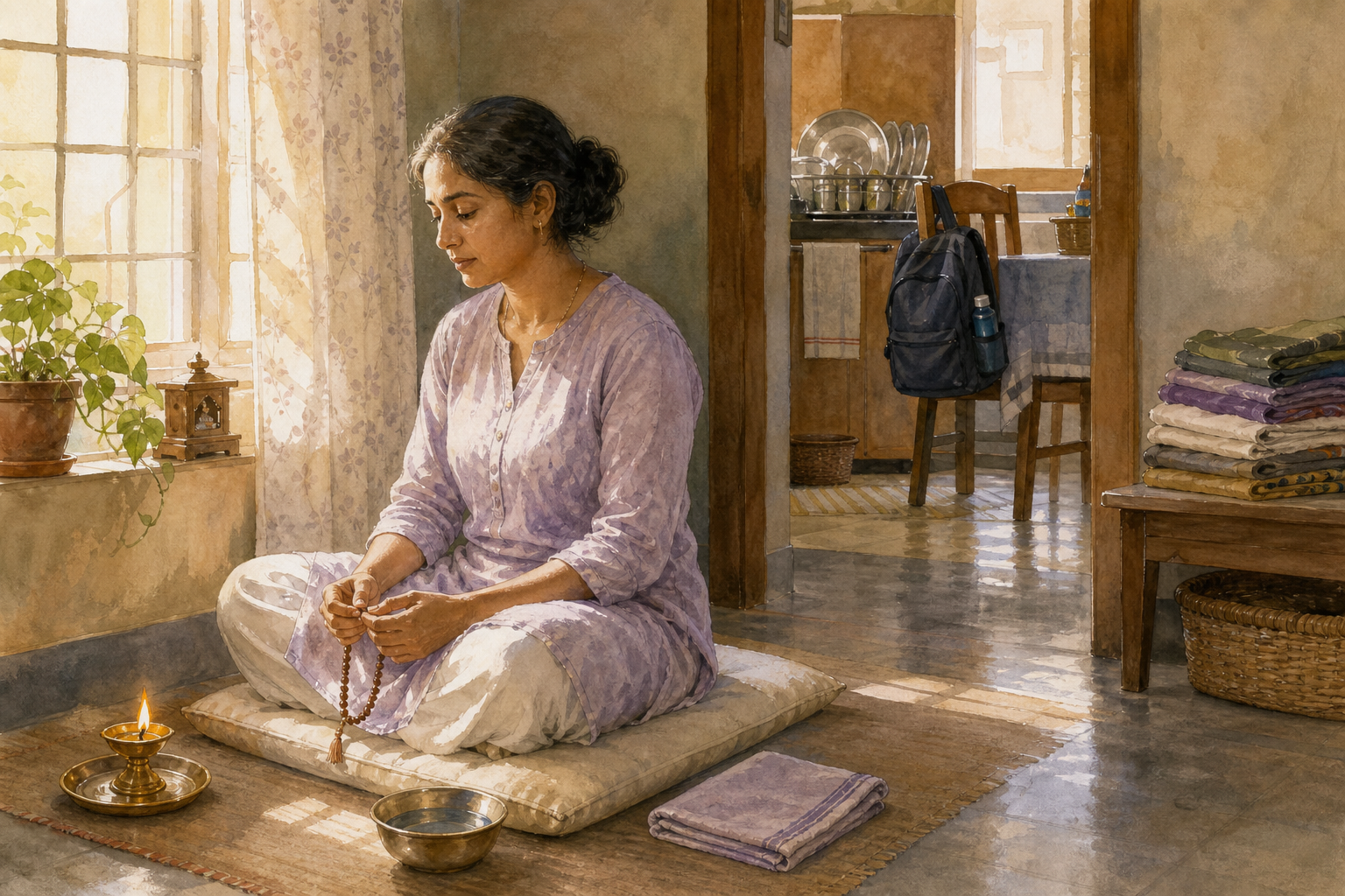 An adult holds prayer beads during a quiet morning practice near a lamp, while household items and daily responsibilities remain visible in the next room.