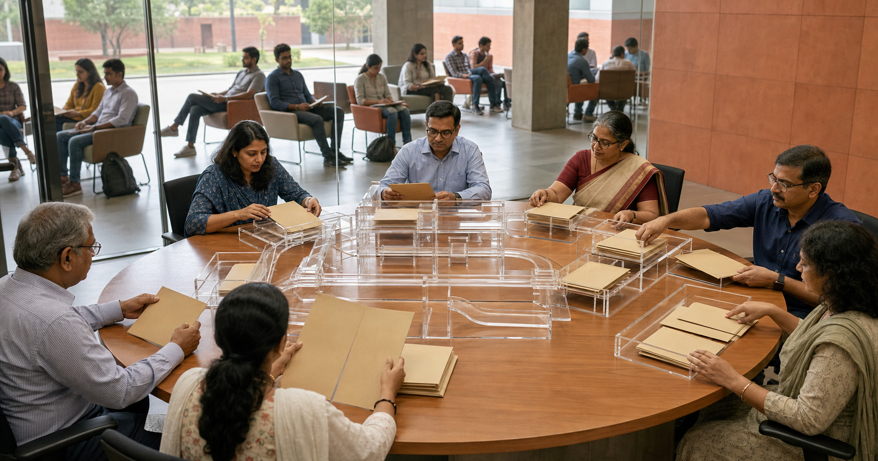 A diverse university committee reviews identical anonymous application packets around a transparent model of an admissions and appeal process.