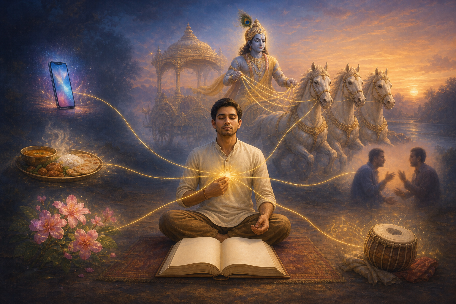A seated seeker remains calm amid sensory distractions as golden threads become chariot reins held by a serene blue-hued divine charioteer.