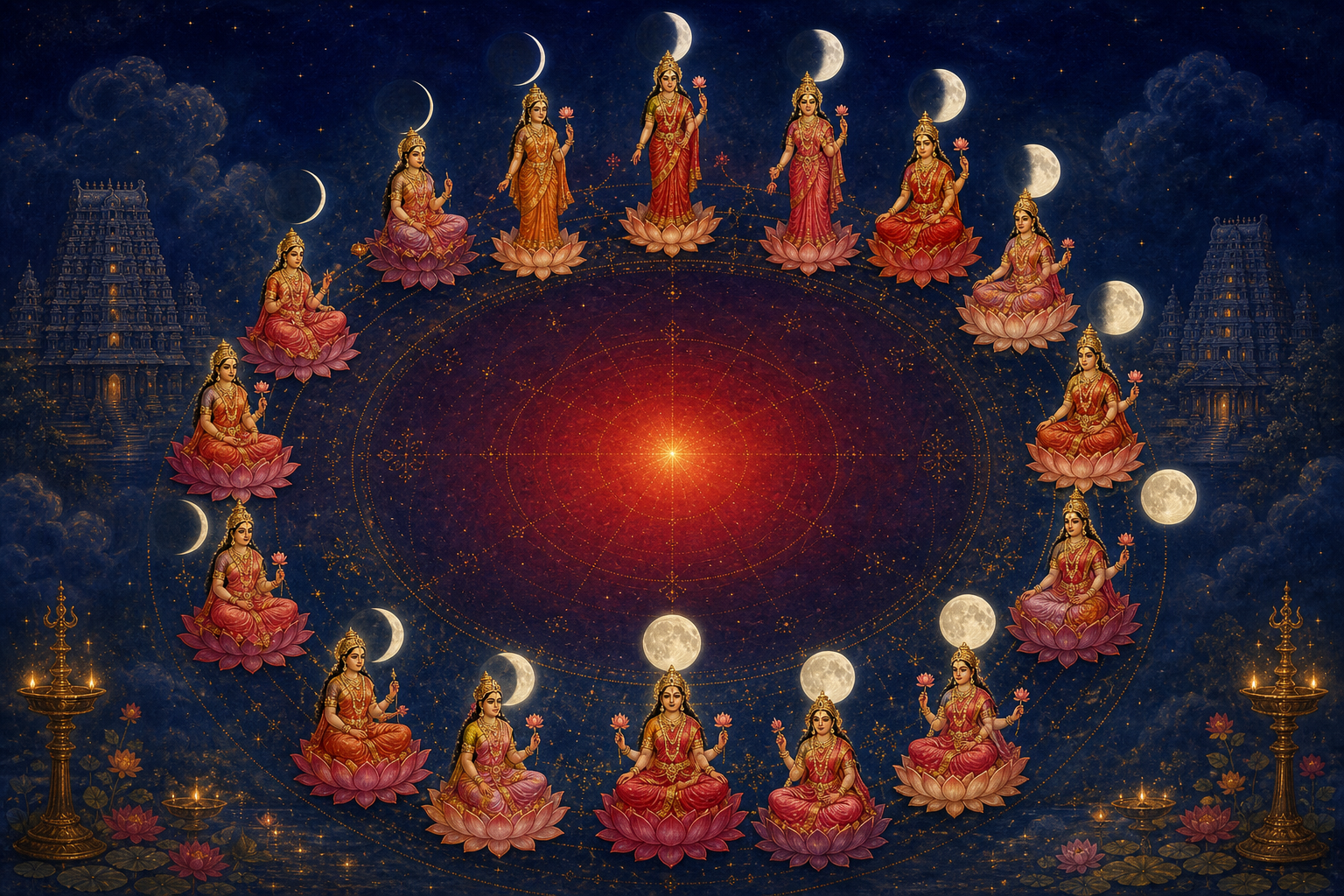 Fifteen goddess figures form a circular procession around a radiant crimson-gold center beneath a sequence of lunar phases.