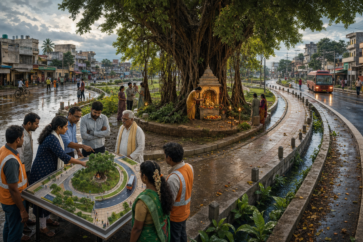 Engineers and residents examine a redesign that curves new civic paths and transit infrastructure around an active shrine beneath a banyan tree.
