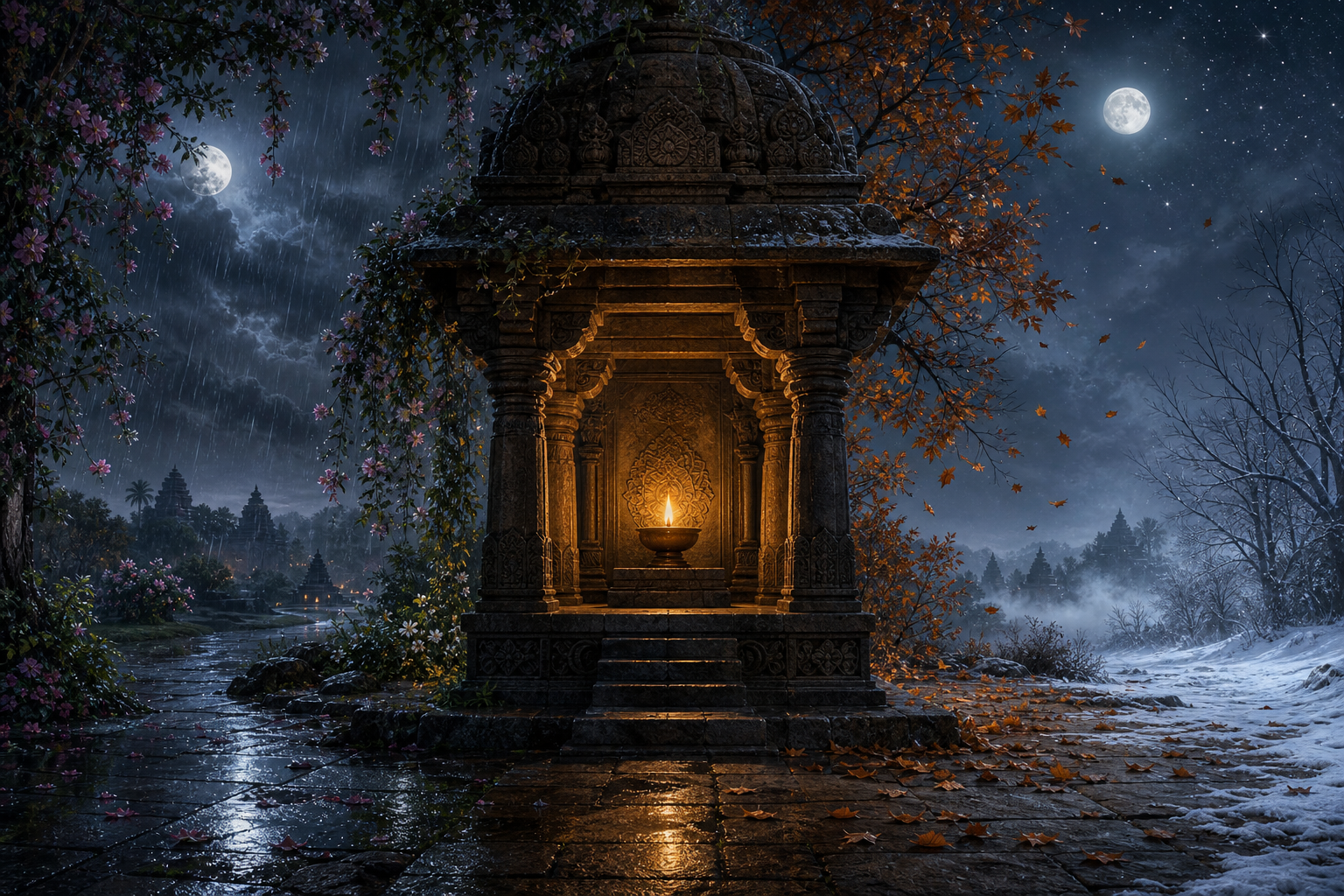 A steady oil lamp glows in a stone temple pavilion while the surrounding landscape shifts through changing seasons and moonlight.