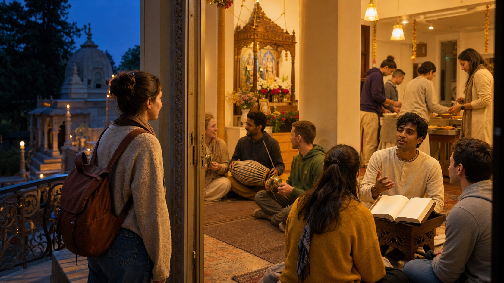 A visitor enters a Vaishnava community gathering where people sing kirtan, listen to a teacher, and prepare a vegetarian meal.
