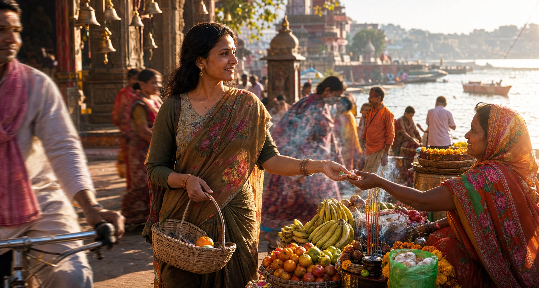 A calm woman walks through a busy riverside market, greeting a vendor while colorful sights and movement surround her.