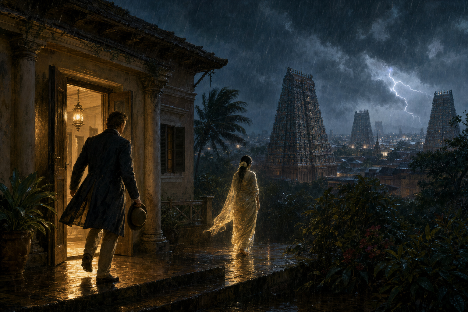 A British colonial-era official steps from a bungalow into a stormy Madurai night as a luminous Tamil woman leads the way, with the Meenakshi temple towers visible beyond the rain.