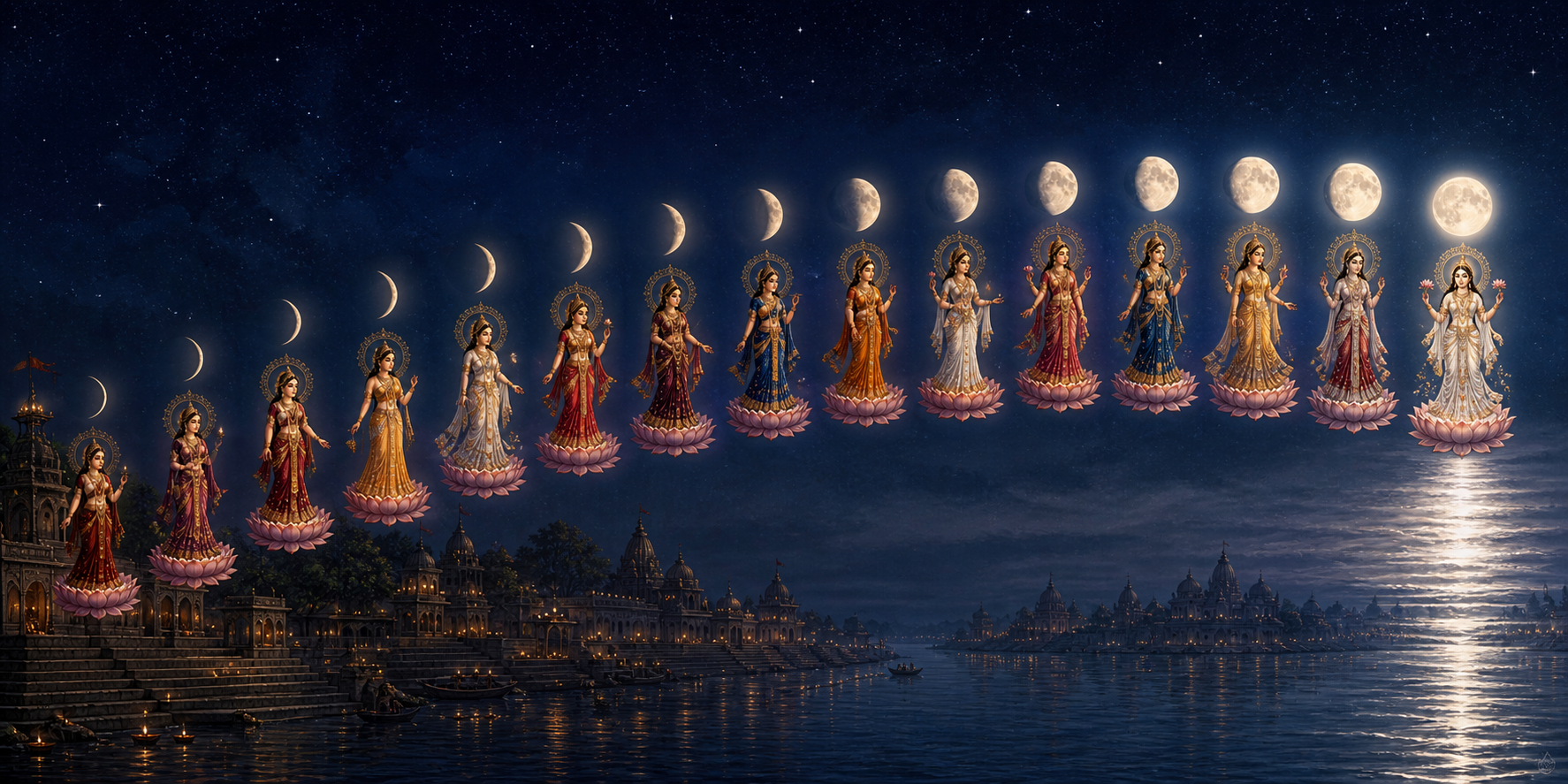 Fifteen feminine figures on lotus platforms follow an arc of increasingly bright lunar phases above a moonlit river.