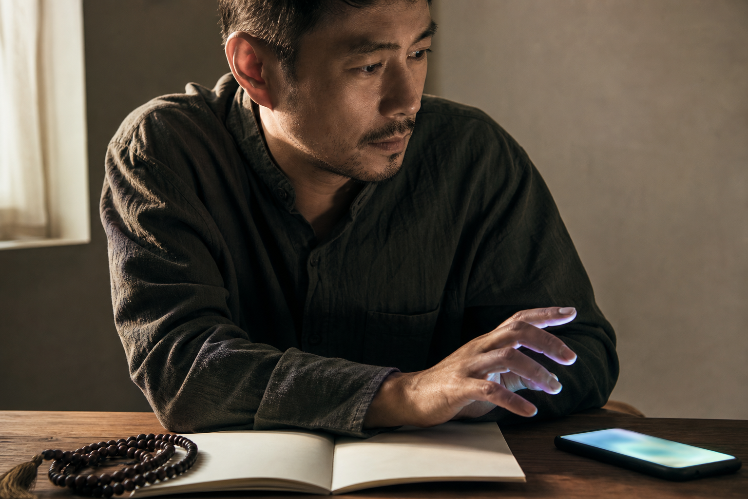 A person pauses with their hand above a glowing smartphone while seated at a desk with a blank notebook and meditation beads.