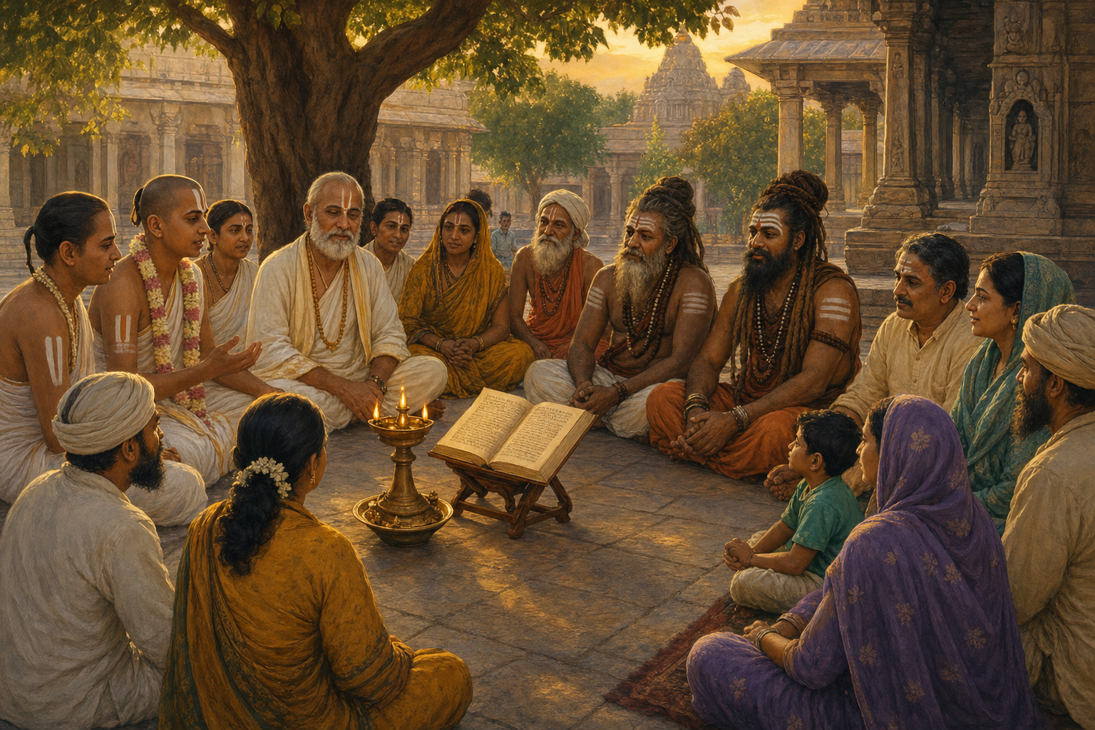 Devotees from several Hindu traditions sit together around an oil lamp and scripture stand in a temple courtyard.