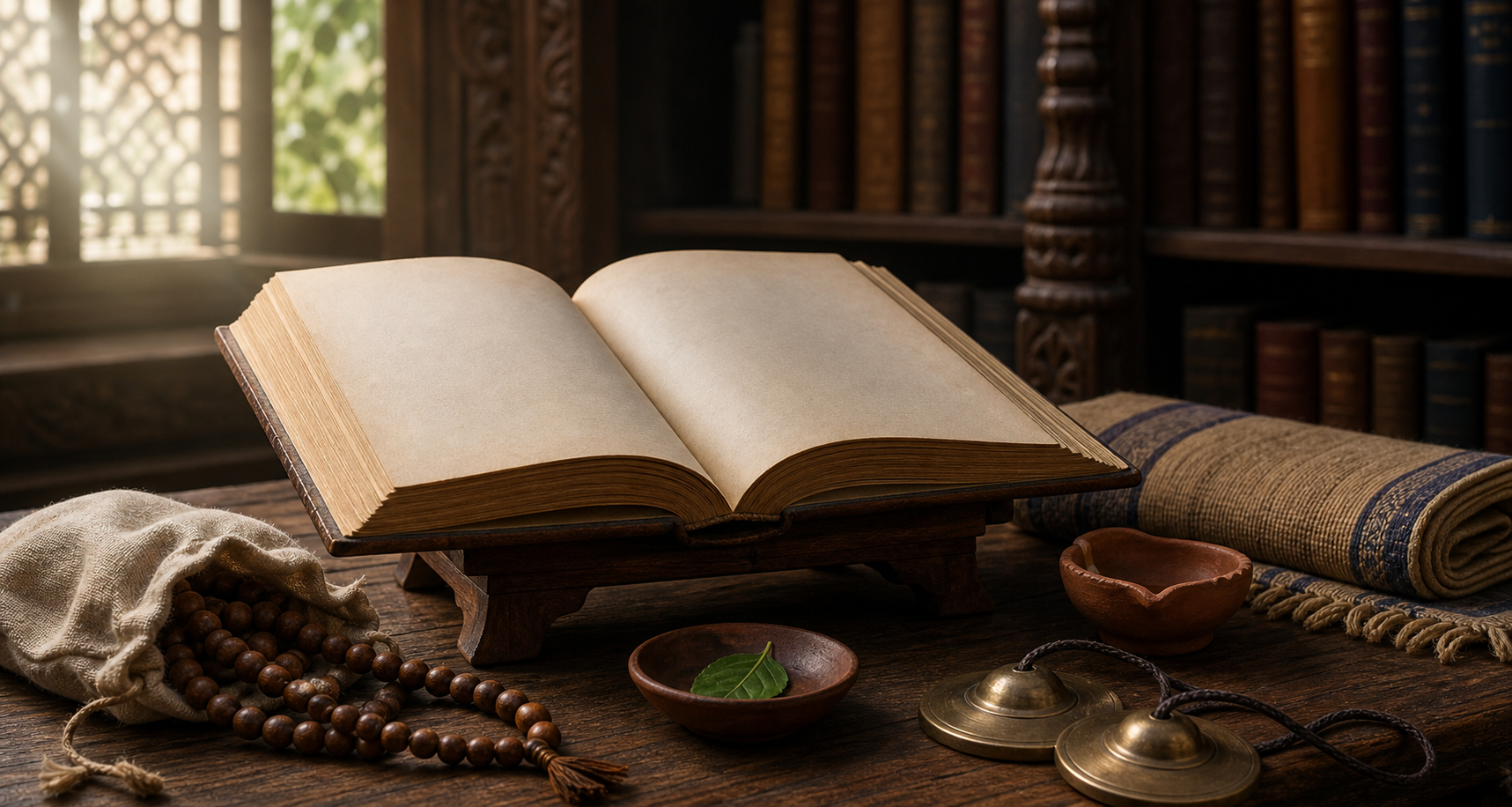 An open sacred book sits at the center of a table with prayer beads, hand cymbals, a lamp, a meditation mat, and a tulasi leaf.