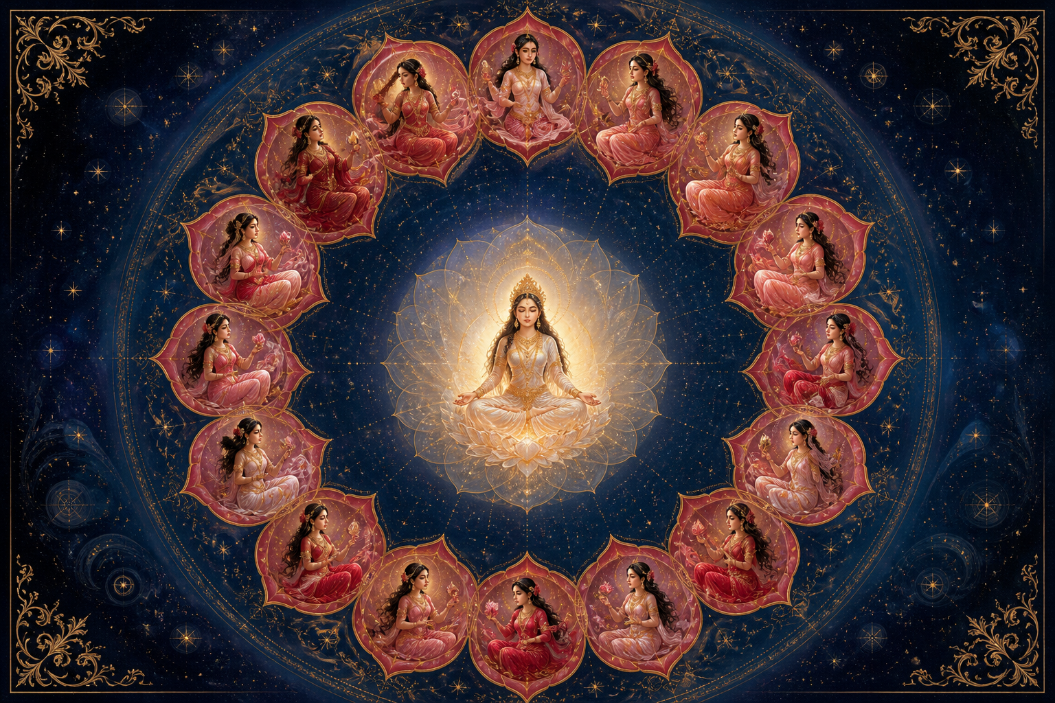 Fifteen moonlit feminine figures occupy lotus petals around a bright, still central radiance representing a sixteenth presence.