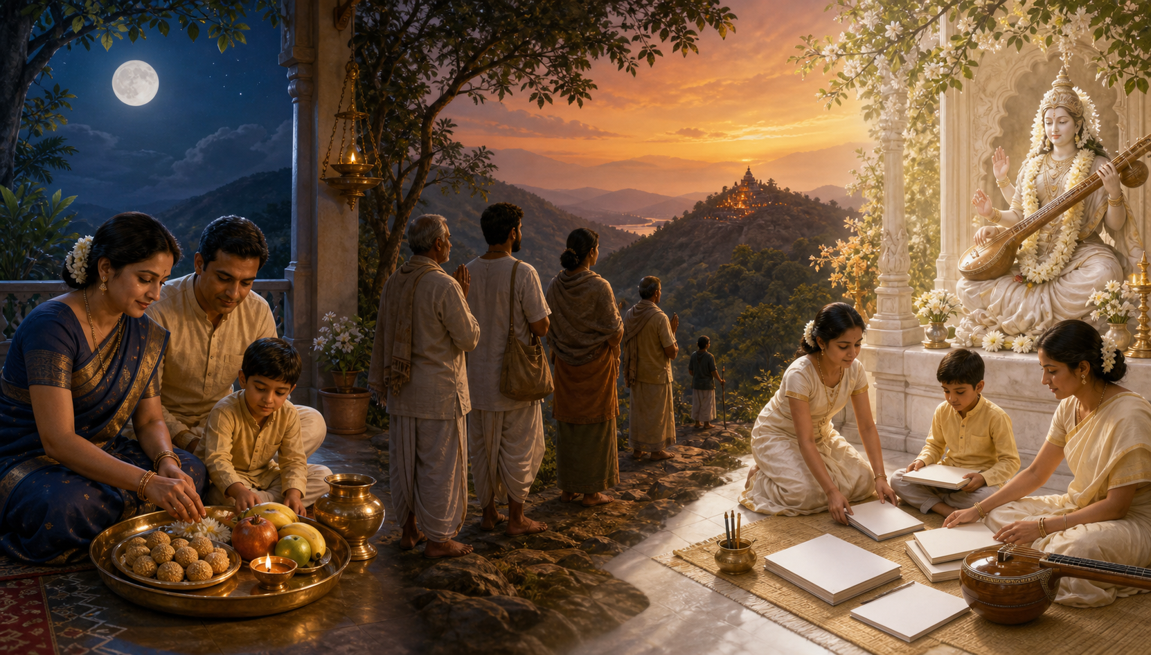 Composite illustration of a family preparing a moonrise offering, pilgrims facing a distant hillside glow, and students arranging books near a Saraswati altar.