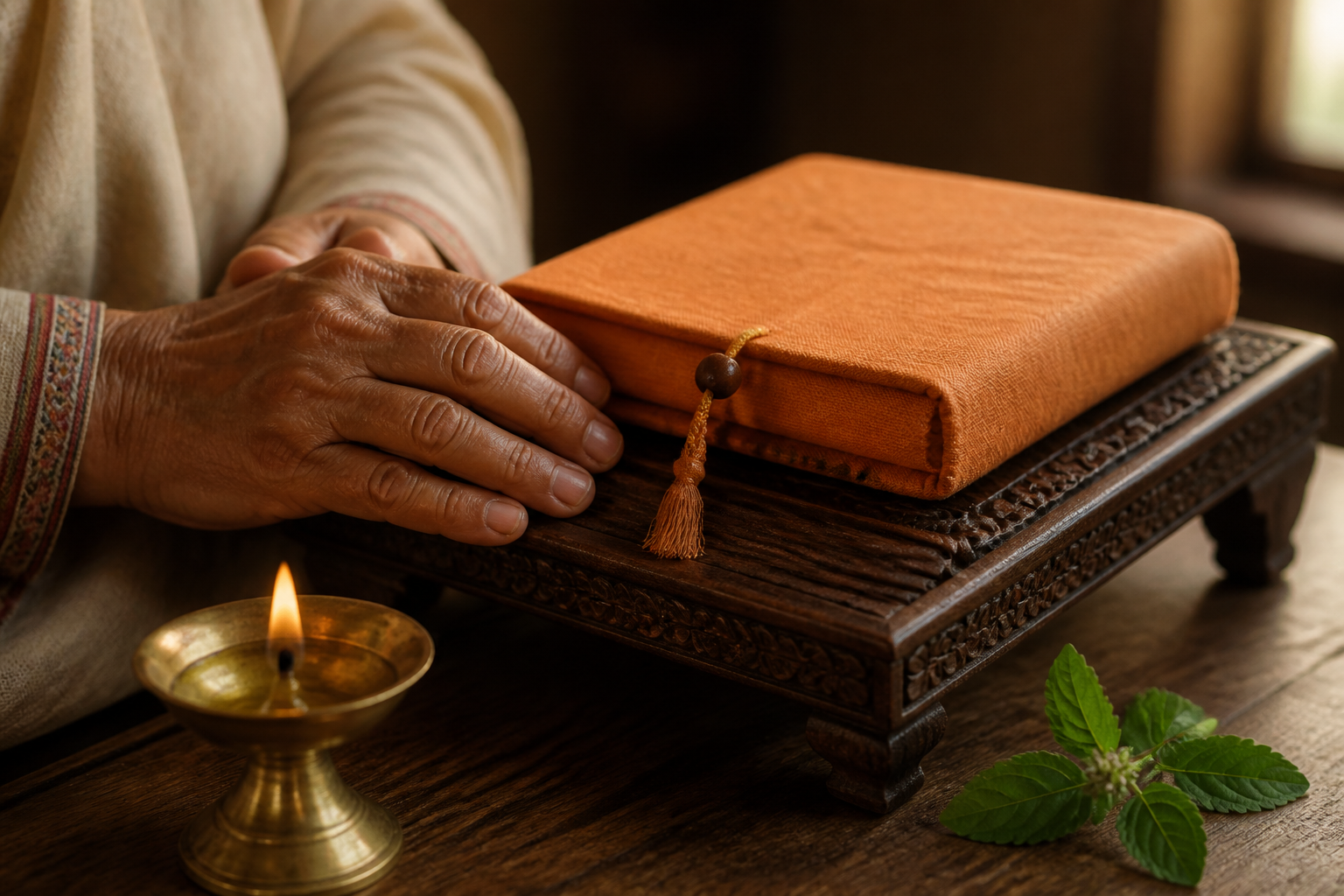 Hands rest beside a tulsi mala and a cloth-covered sacred book on a wooden stand near a brass lamp.