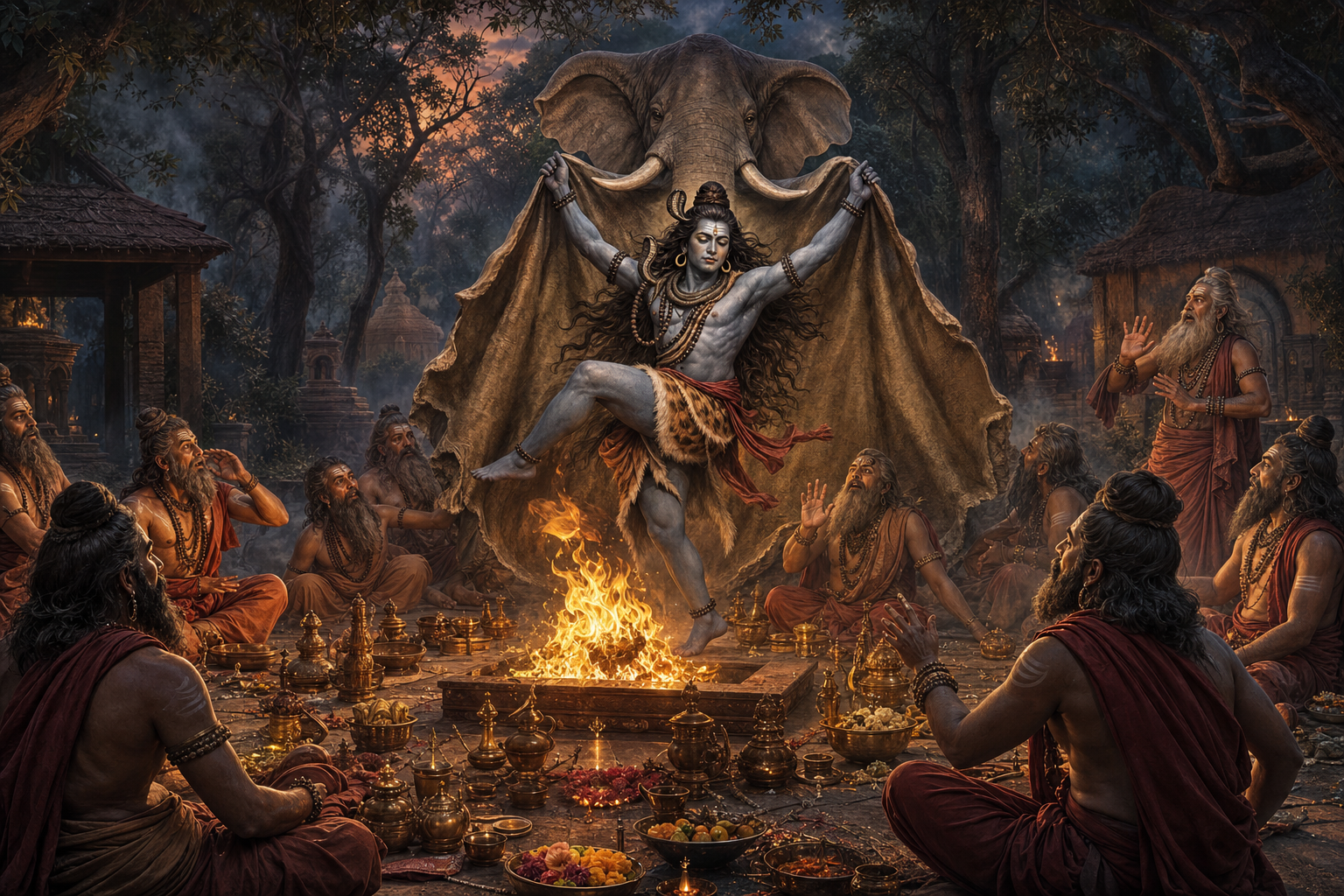 Ascetics around a sacrificial fire recoil as Shiva dances with an elephant hide in a forest hermitage.