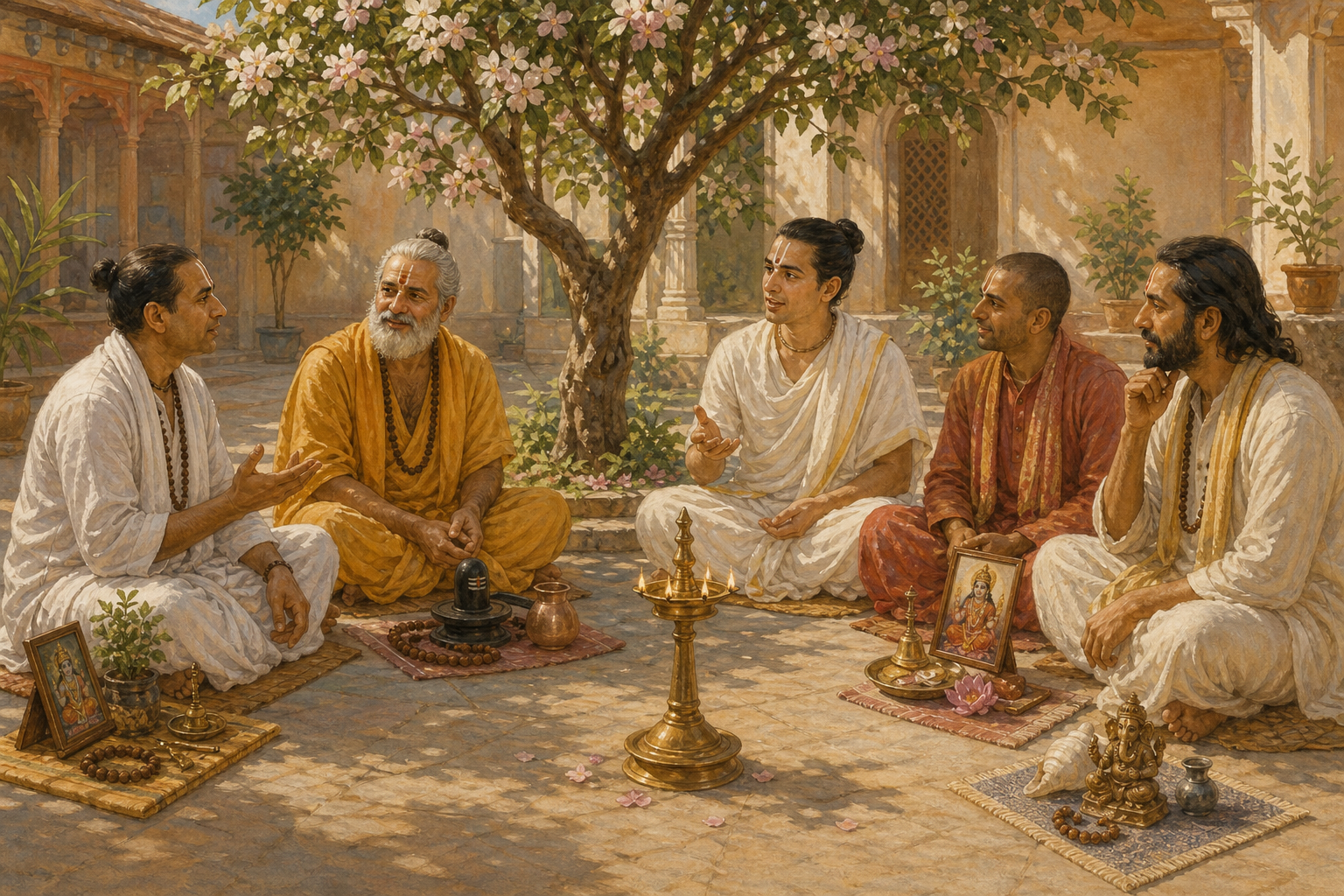 Practitioners from several Hindu traditions converse respectfully in a courtyard beside distinct devotional objects and a shared brass lamp.
