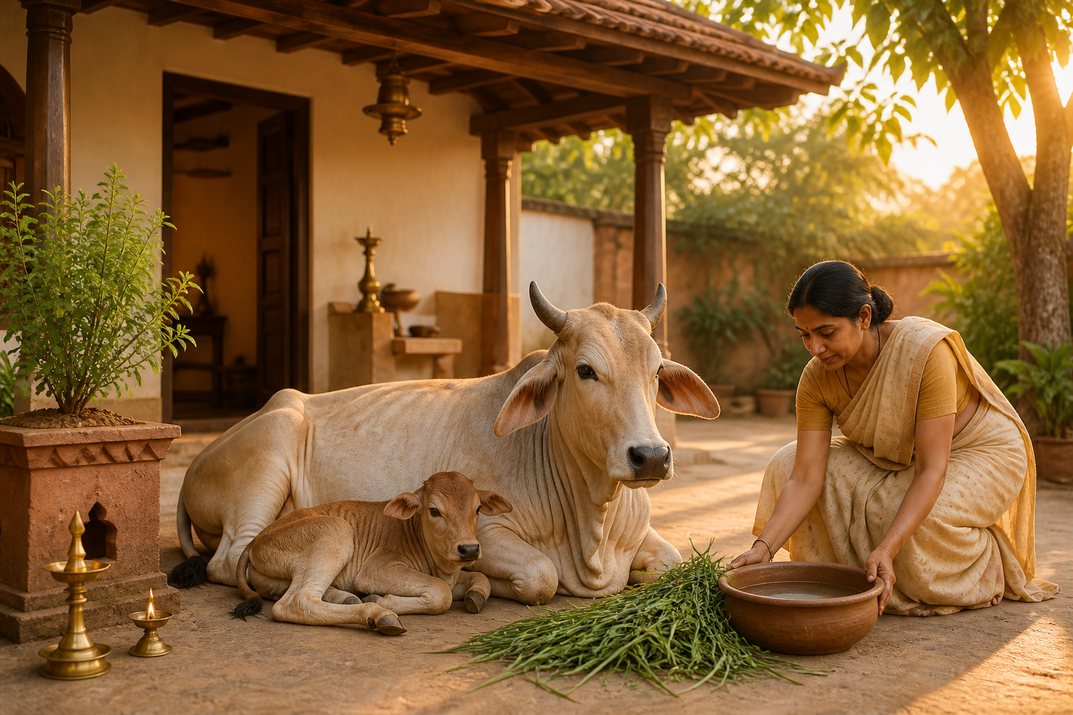 A healthy zebu cow and calf rest in a clean, shaded home courtyard while a person provides water and fresh fodder.