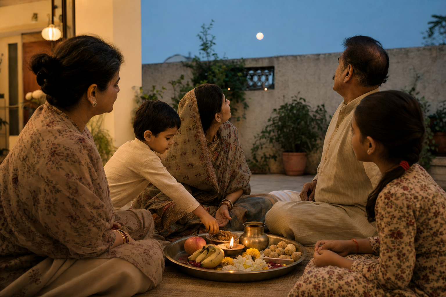 A multigenerational family prepares sesame sweets, fruit, a lamp, and water for a moonrise Sakat Chauth offering in a home courtyard.
