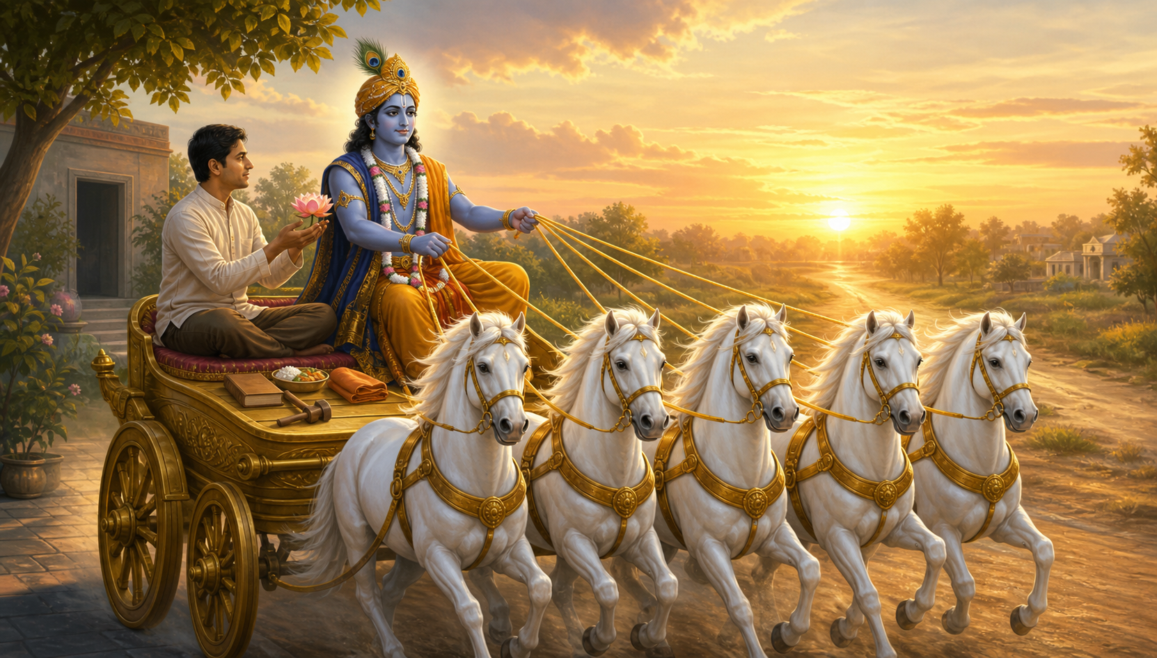 A blue-hued Krishna calmly guides five white chariot horses while a devotee beside him offers a lotus at sunrise.