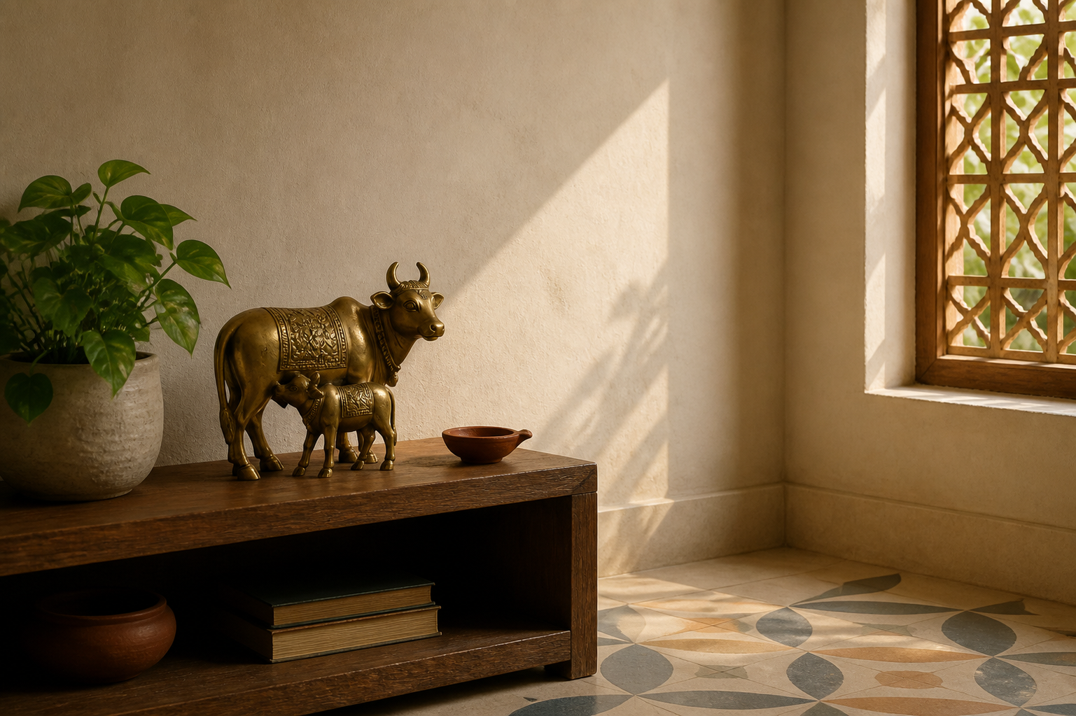 A brass cow-and-calf figurine sits on a wooden shelf in the sunlit corner of a quiet home.