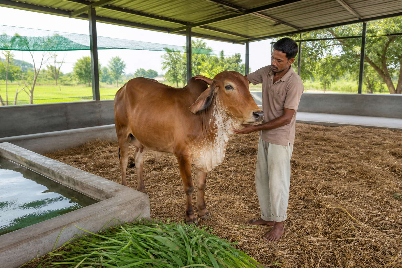 A caregiver checks a relaxed cow beside clean water, fresh fodder, dry bedding, and an open shaded shelter.