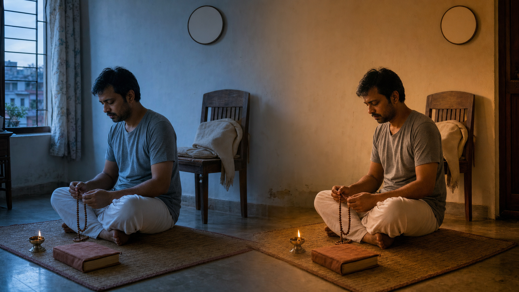 The same person chants in a simple home prayer corner at dawn and returns to the practice again in the evening.