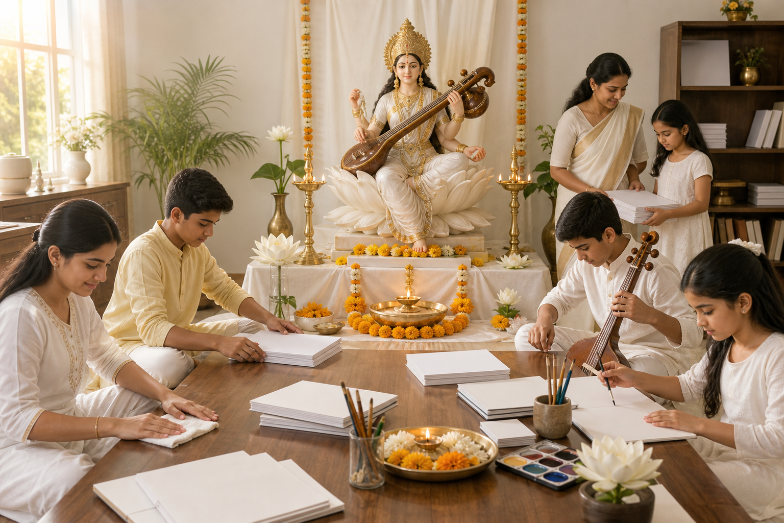 Students organize blank books, art supplies, and a musical instrument around a flower-decorated Saraswati altar in a sunlit study room.