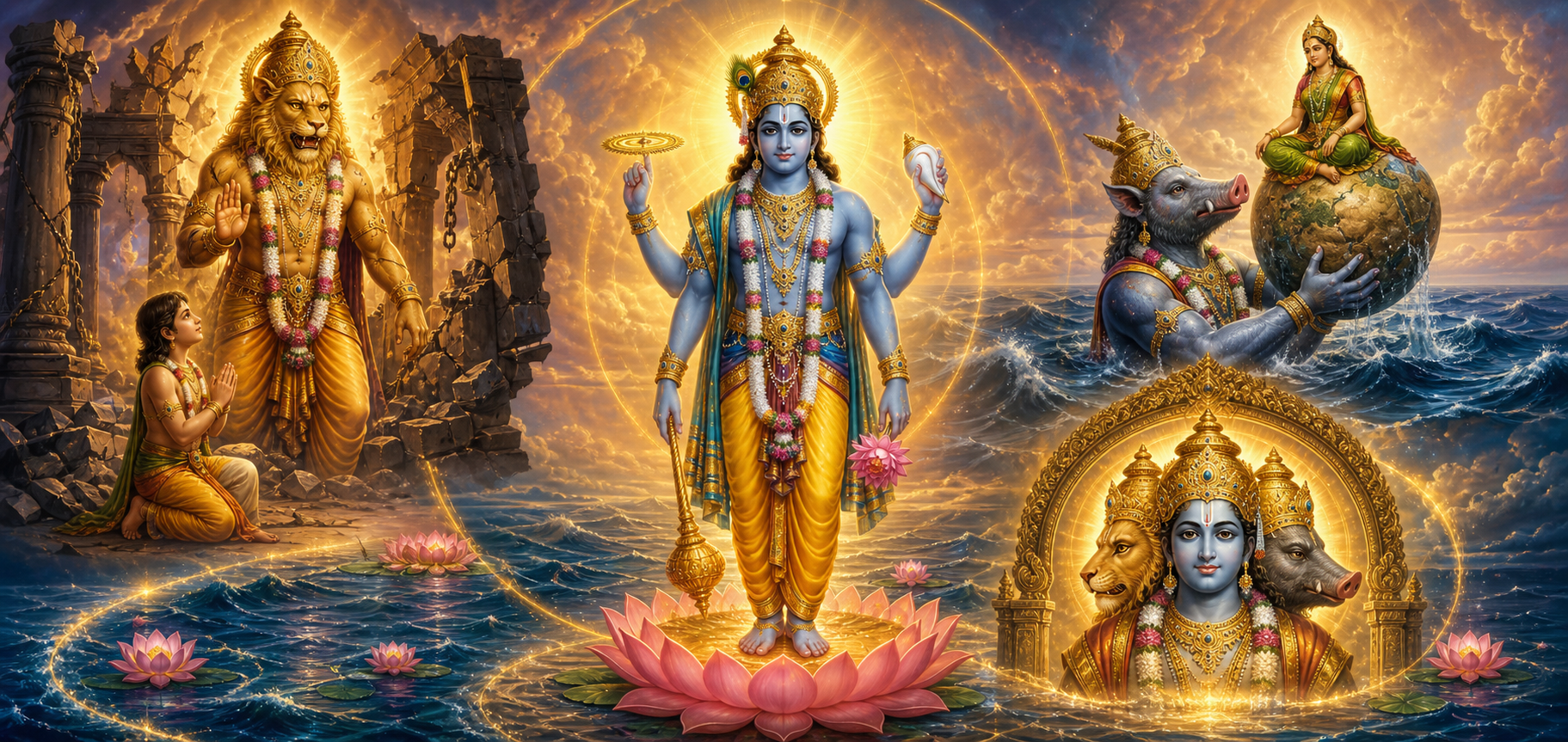 Vishnu stands above a cosmic ocean holding a conch, discus, mace, and lotus, surrounded by Prahlada, Narasimha, Varaha with Bhudevi, and a multi-faced Vaikuntha form.