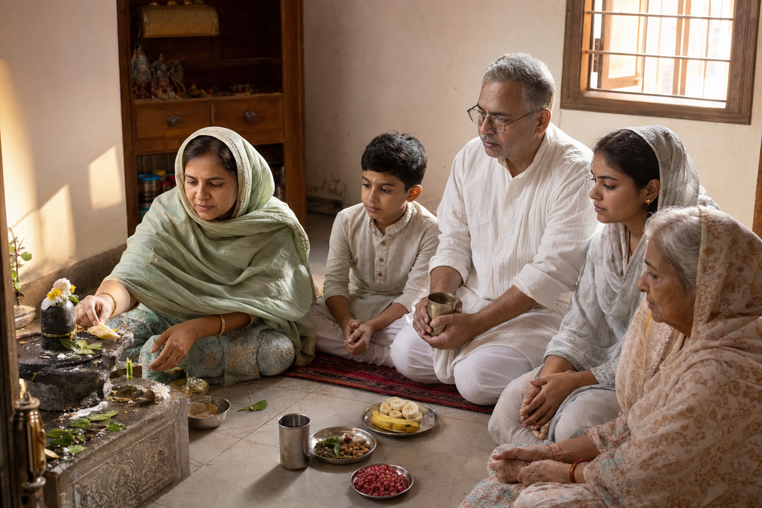 A family breaks the fast at dawn with fruit, soaked nuts and warm water beside a small home Shiva shrine.
