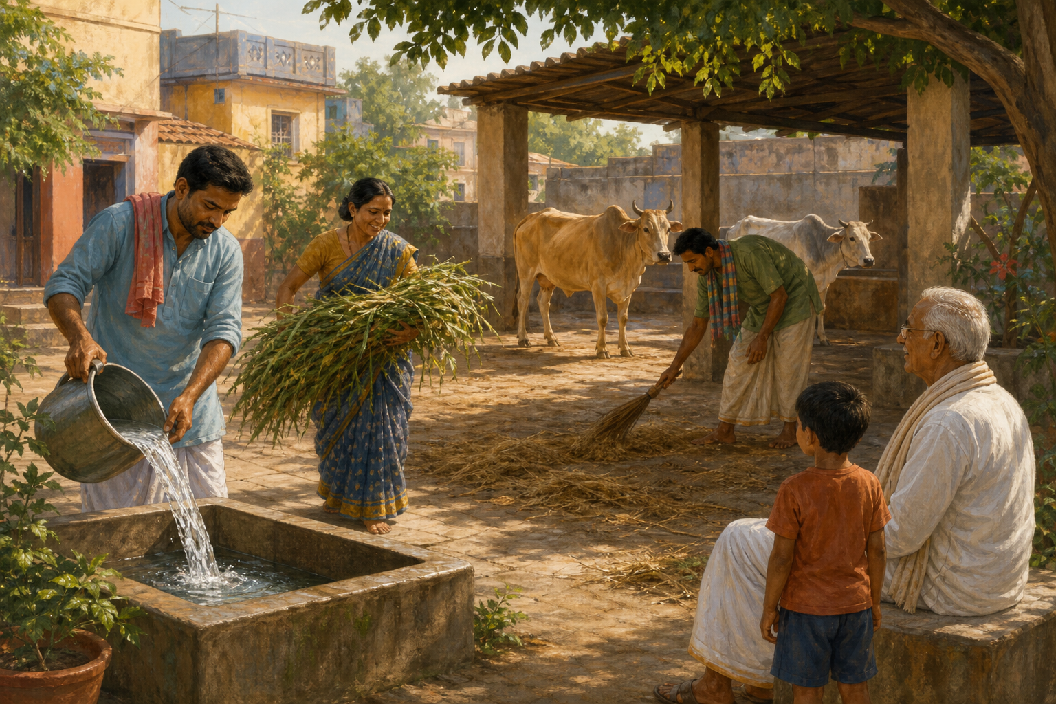 People of different ages work together to provide water, fodder, and a clean shaded resting area for two cows.