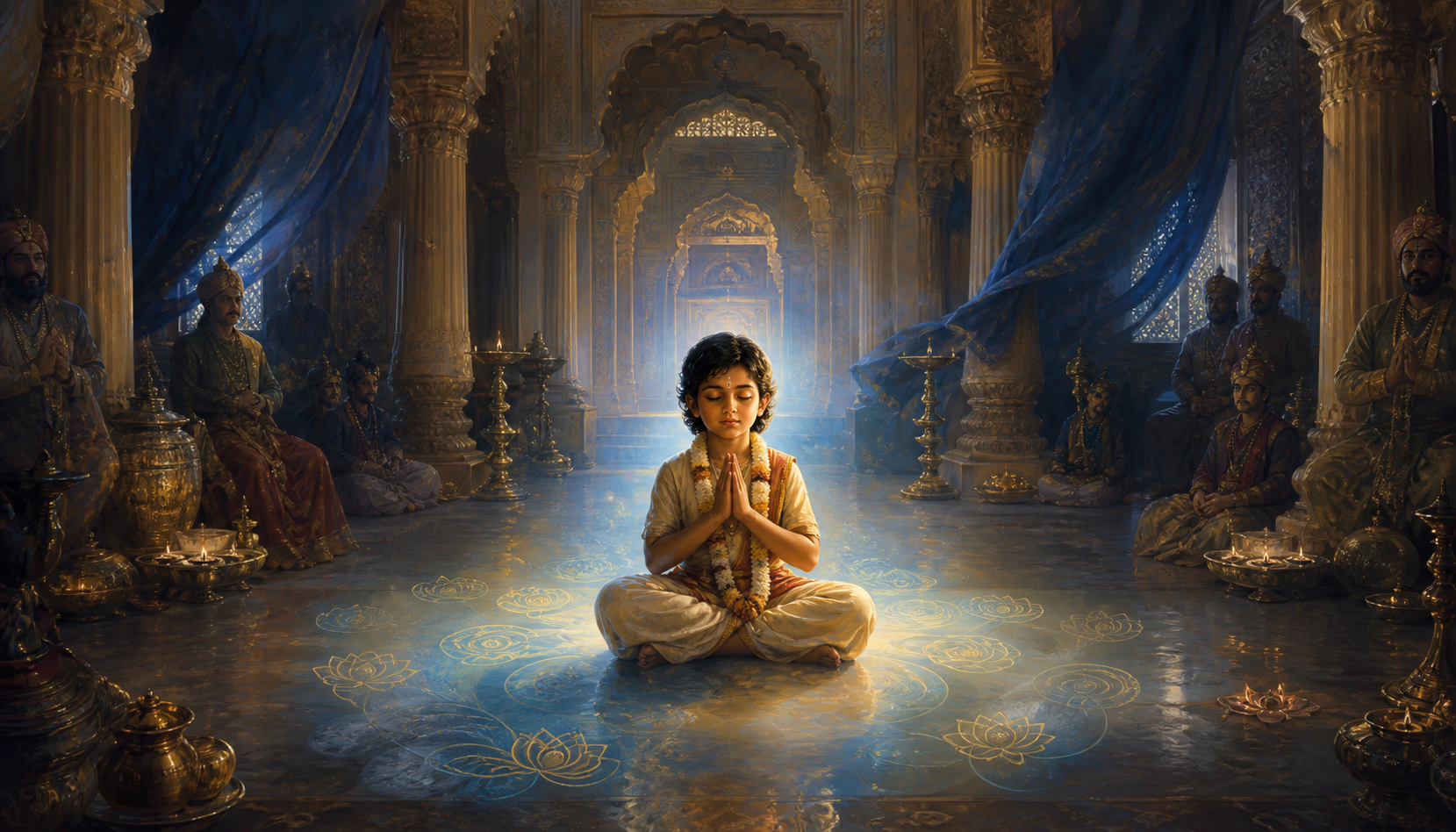 Prahlada sits with joined palms in a shadowed palace hall while a soft blue and golden light surrounds him.
