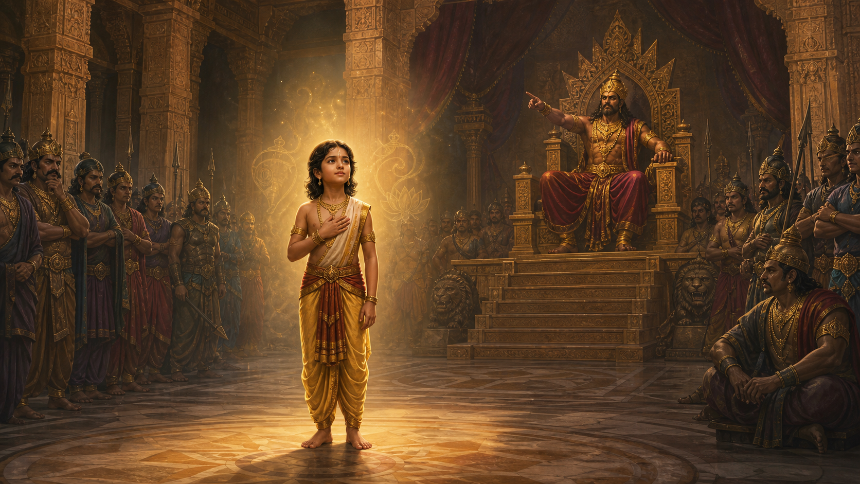 Young Prahlada stands calmly in a shadowed royal court while Hiranyakashipu commands from a high throne and courtiers watch.