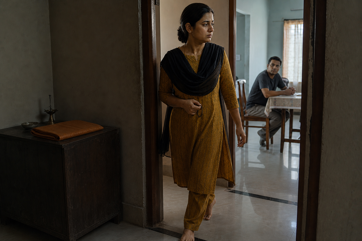 A person holding a small tulsi mala steps through a doorway toward another person waiting for a difficult conversation.