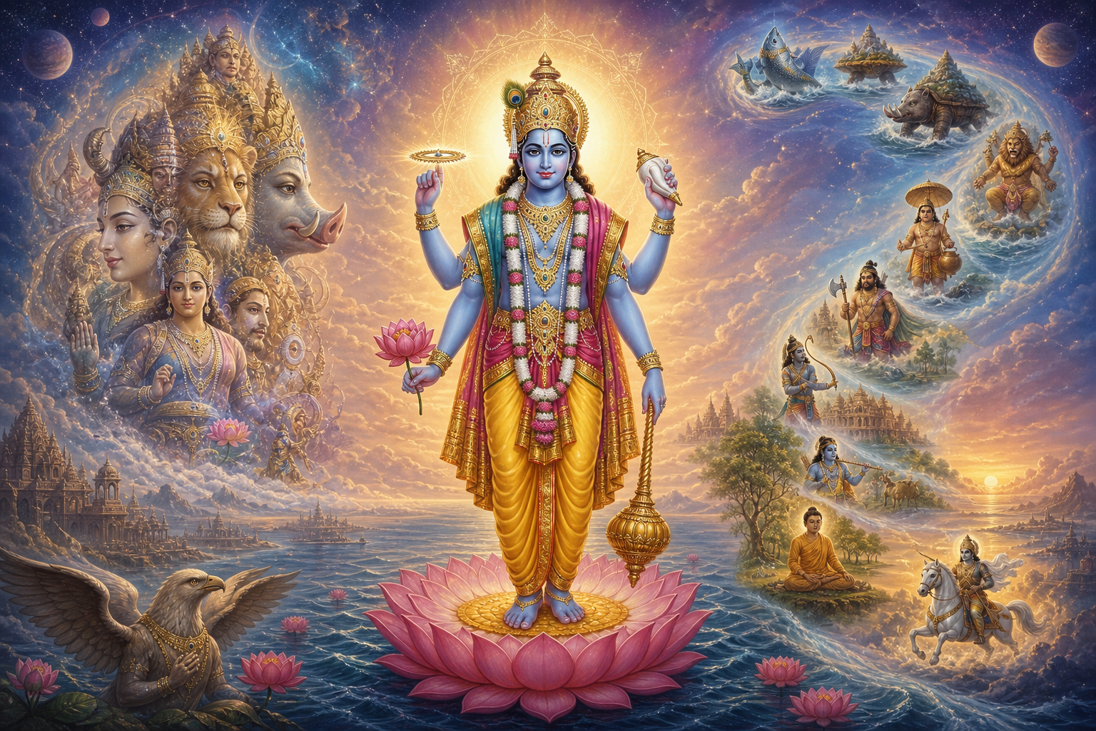 Vishnu stands above a cosmic ocean between a many-aspected composite presence and a sequence of symbolic incarnations.