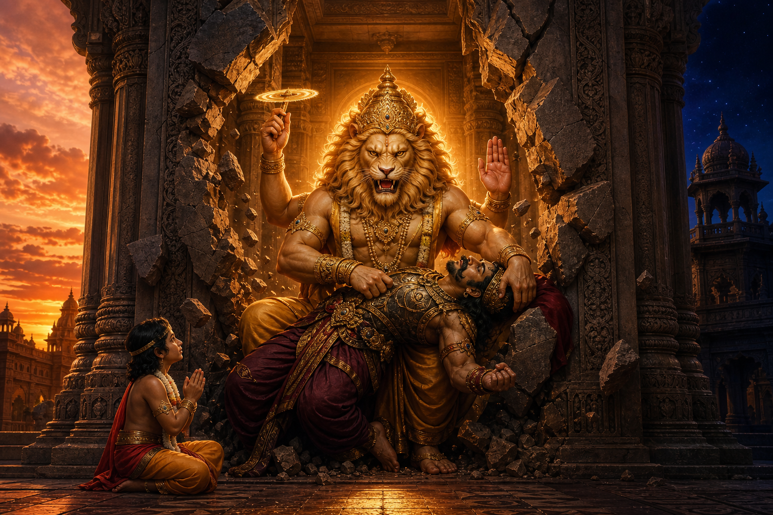Narasimha emerges from a broken palace pillar at twilight and restrains Hiranyakashipu at the threshold as Prahlada kneels nearby.