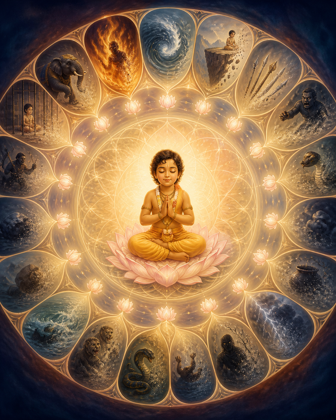 Prahlada sits peacefully at the center of a circular arrangement of symbolic dangers including fire, water, serpents, weapons, and an elephant.
