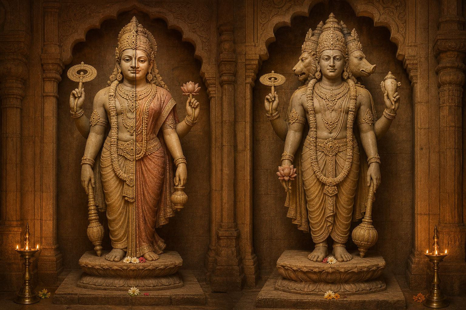 Two temple sculptures show a Vishnu-Lakshmi figure divided into two joined halves and a Vishnu form with human, lion, and boar faces.